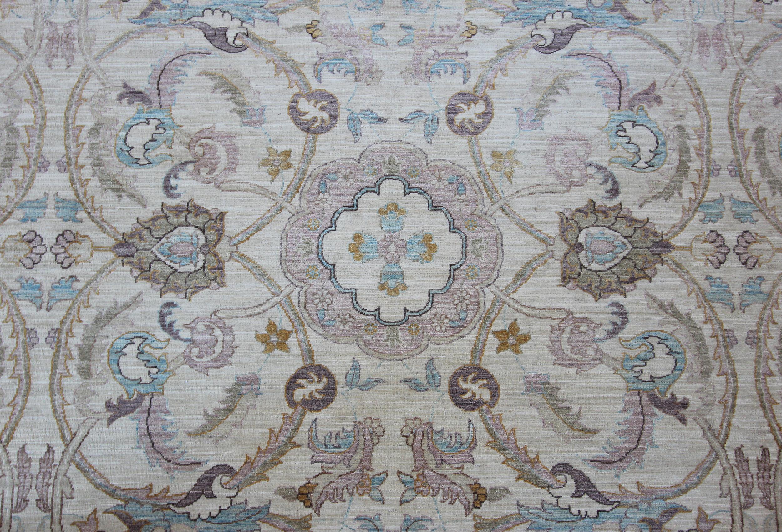 A subtle yet strikingly beautiful modern carpet using a classical Persian design of sickle leafs and floral motifs that entwine to great effect. The muted natural dye palette of this new production are quite simply put - gorgeous! Delicate