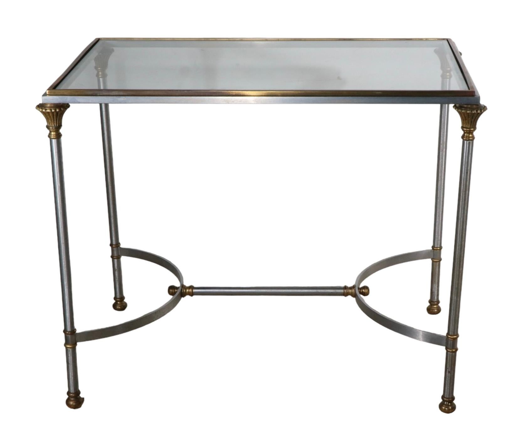 Neoclassical Revival   Classical Steel Brass and Glass End Table Made in Italy att. to  Maison Jansen For Sale