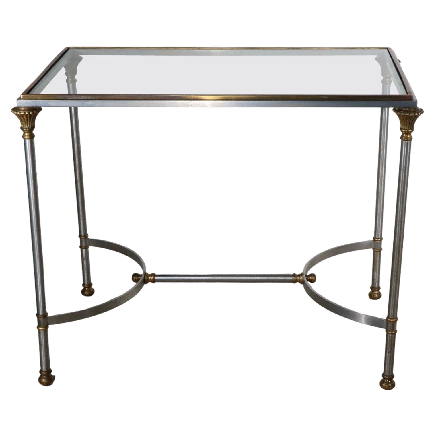 Mesa auxiliar clásica de acero, latón y cristal Fabricada en Italia att. to  Maison Jansen