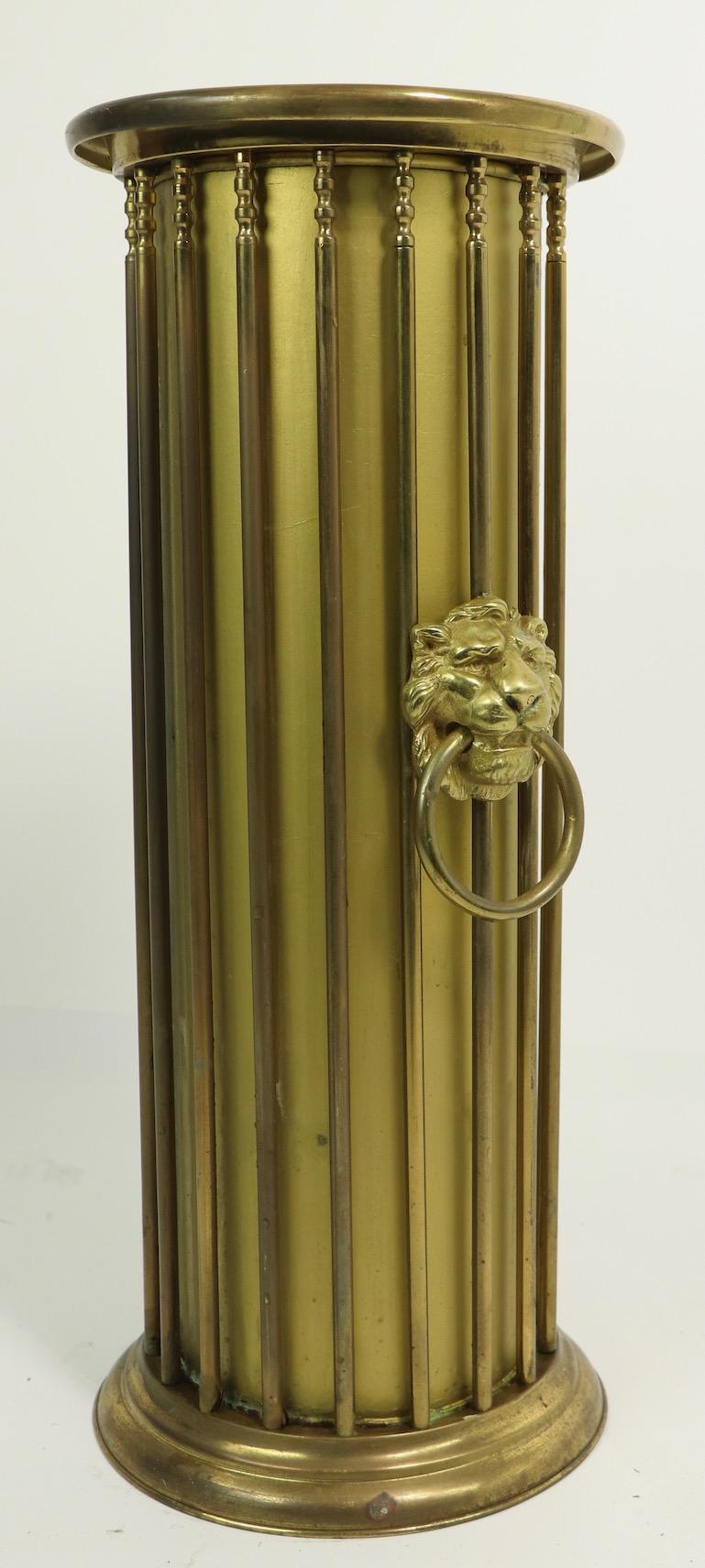 20th Century Classical Style Brass Umbrella Cane Stand with Lion Heads For Sale