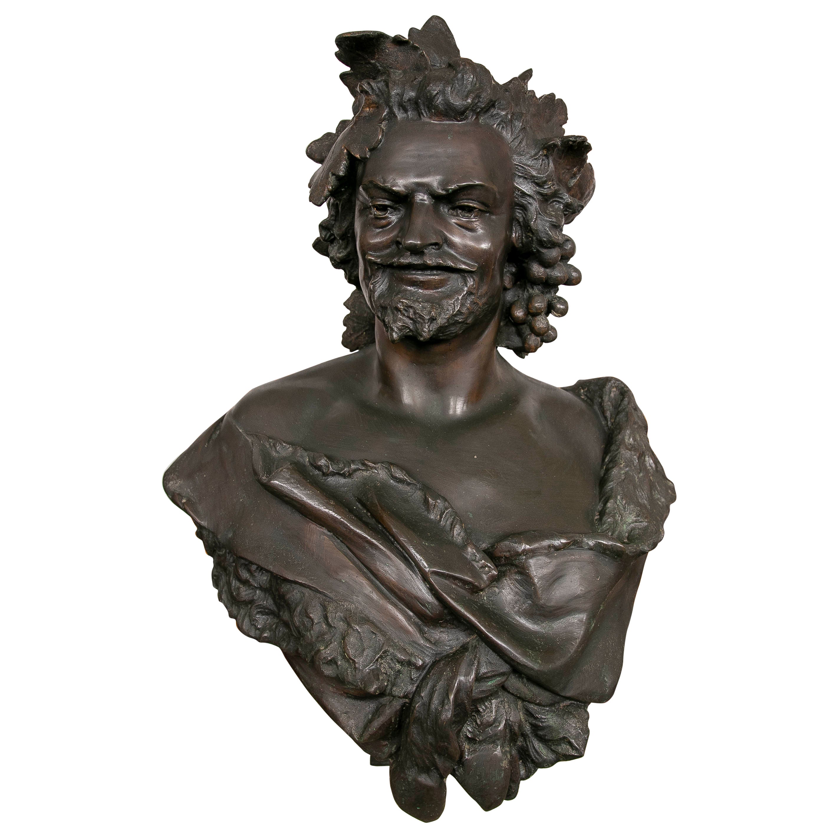 Classical Style Bust of Bacchus in Patinated Bronze with Vine Leaves For Sale