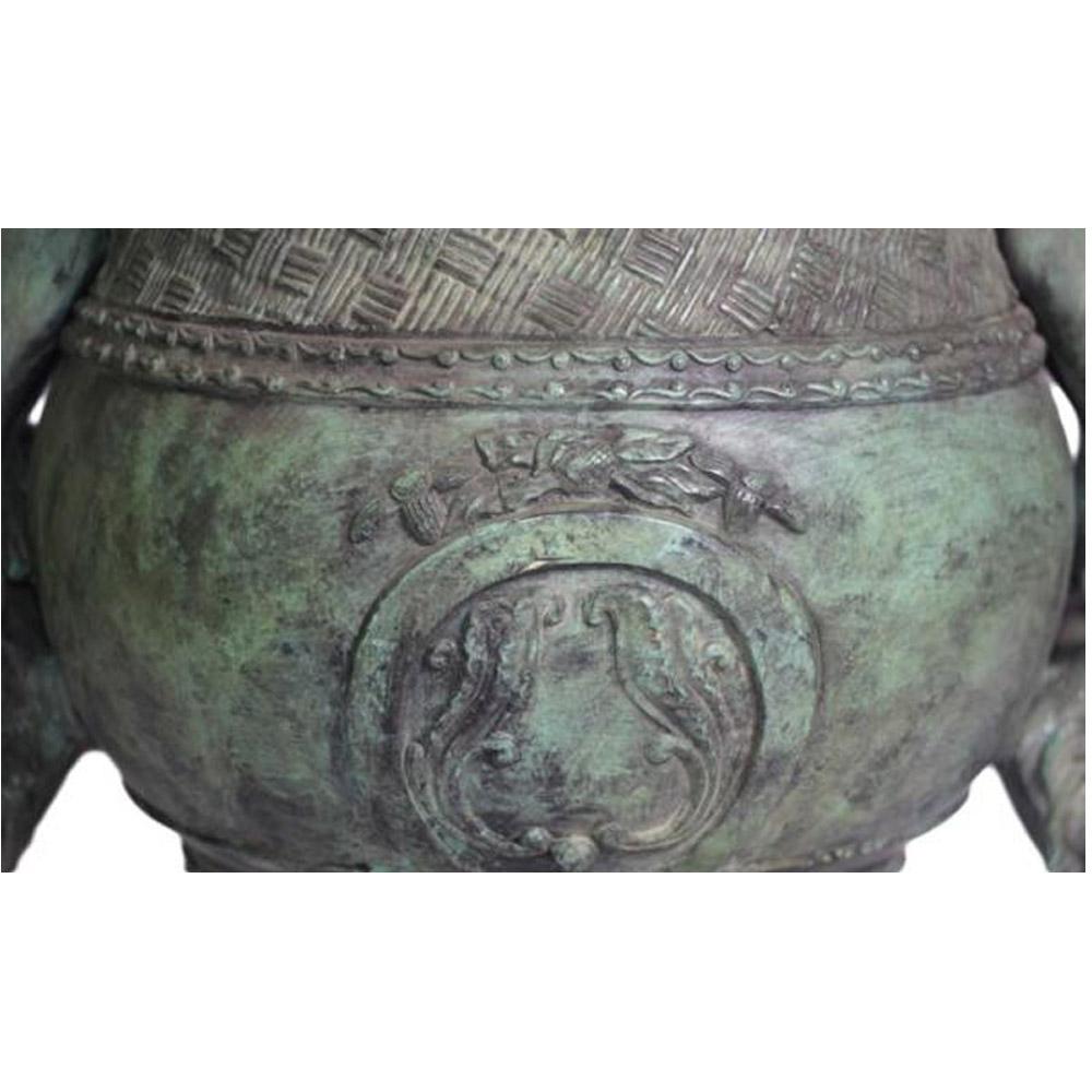 Contemporary Classical Style Cast Bronze Urn with Two Cupids and Rams' Heads, Verde Patina
