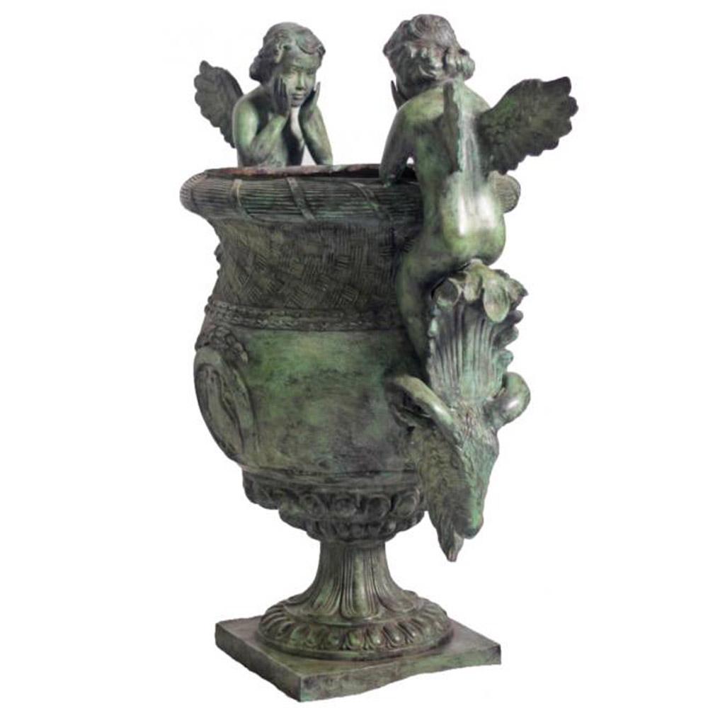 Classical Style Cast Bronze Urn with Two Cupids and Rams' Heads, Verde Patina 1