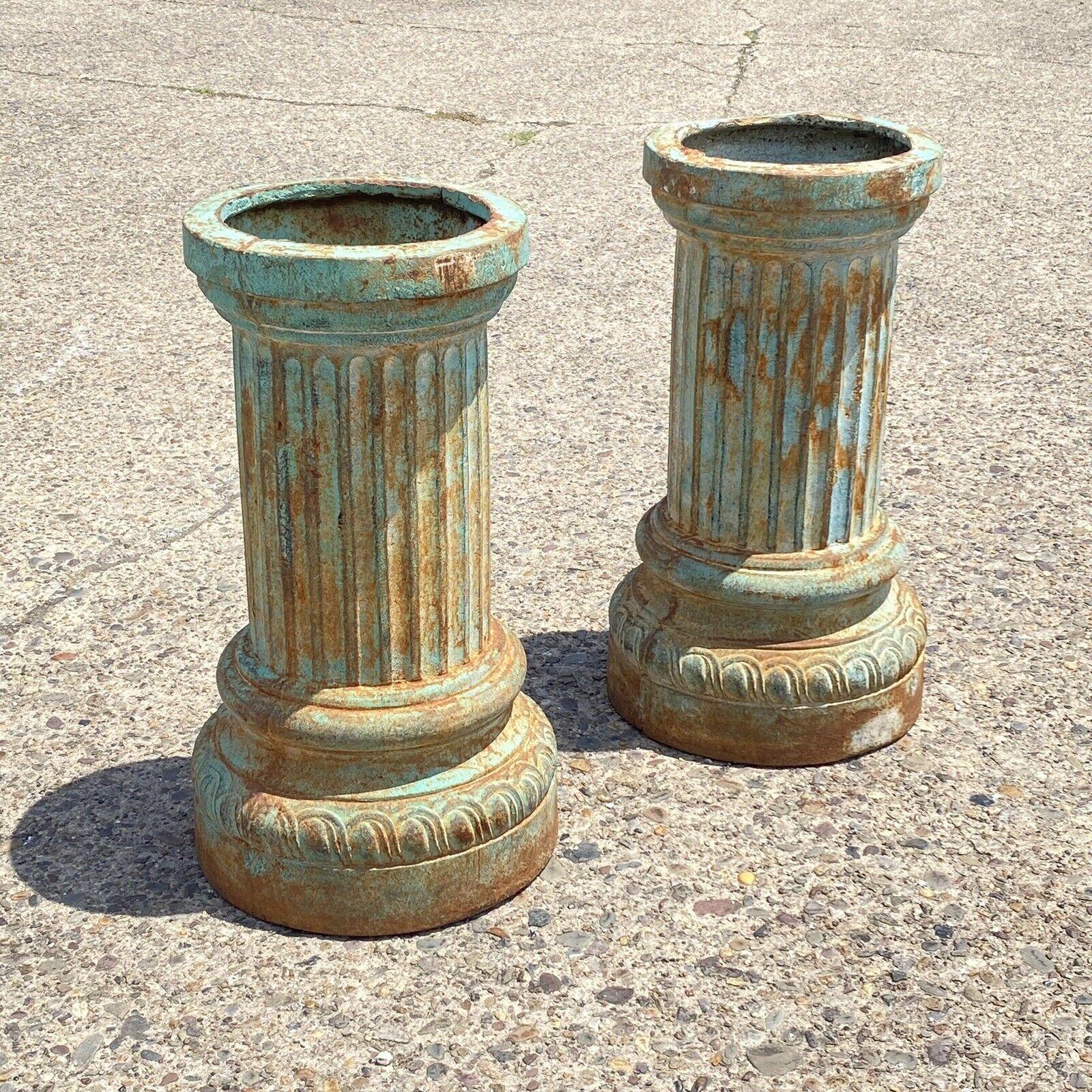 Classical Style Cast Iron Round Fluted Column Garden Urn Pedestal Base - a Pair 5