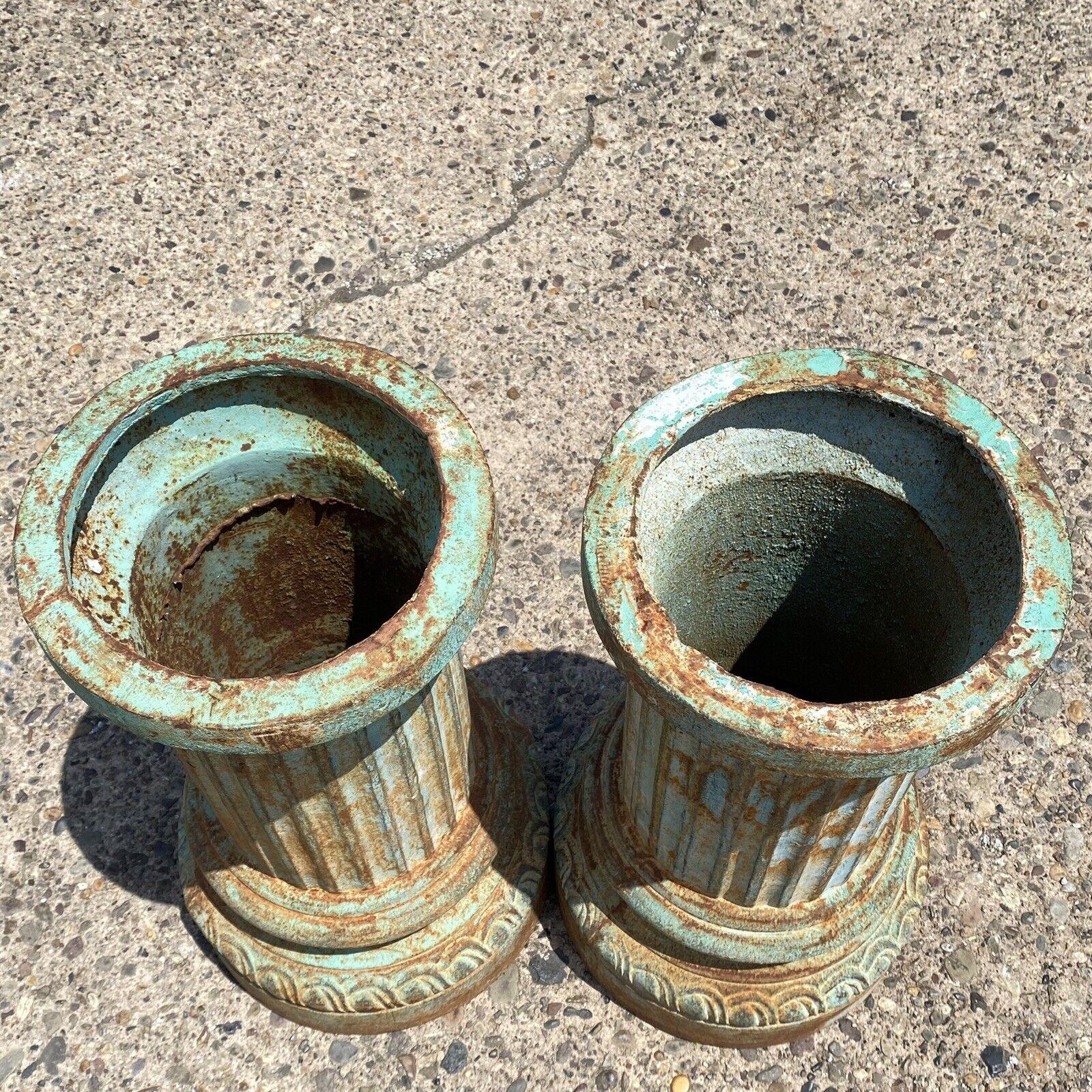 Classical Style Cast Iron Round Fluted Column Garden Urn Pedestal Base - a Pair In Good Condition In Philadelphia, PA