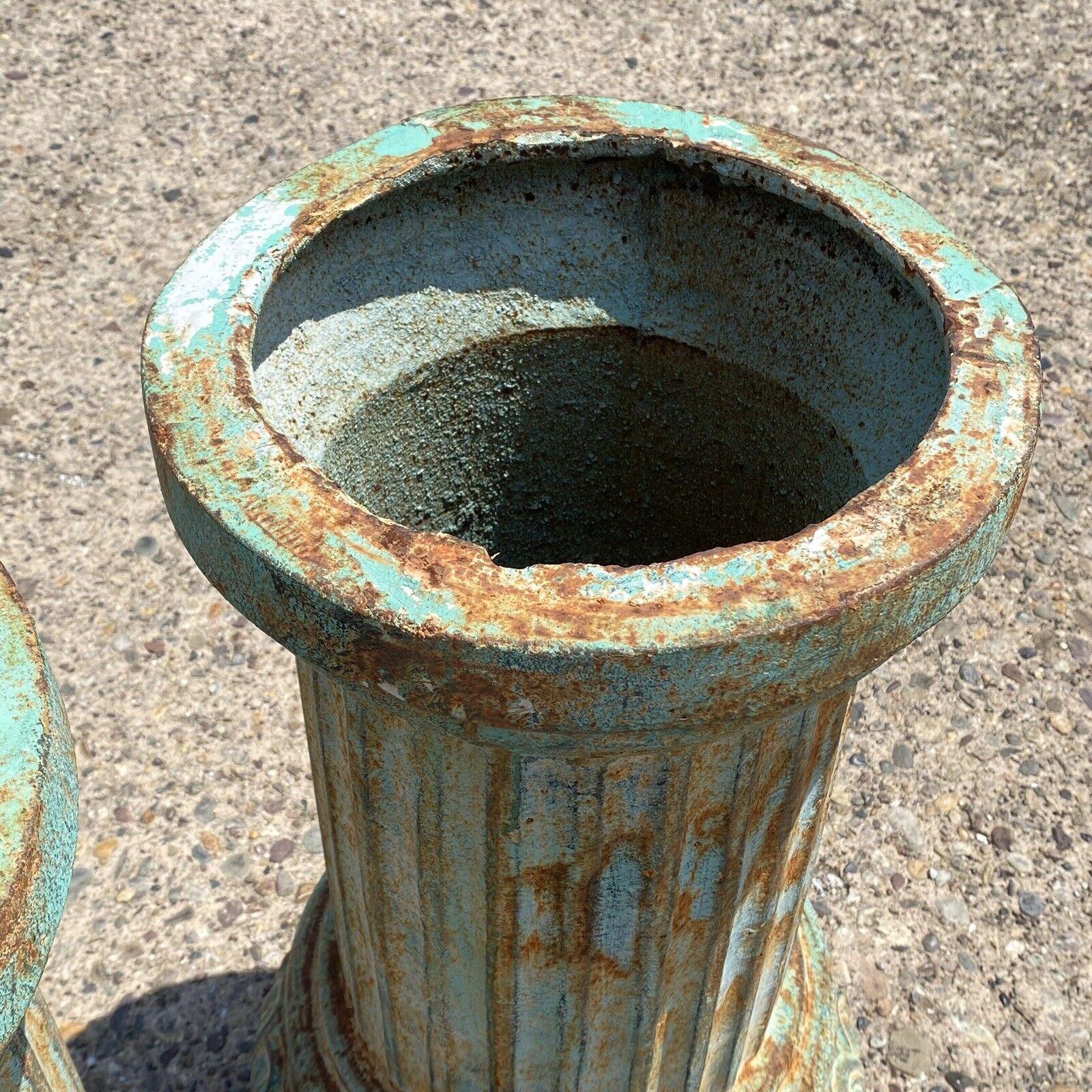 Classical Style Cast Iron Round Fluted Column Garden Urn Pedestal Base - a Pair 1