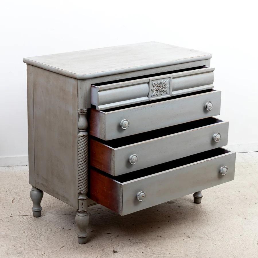 Painted Mahogany Four Drawer Server or Dresser in the classic style. Graduated drawers that slide easily. Distressed finish with wear consistent with age and use