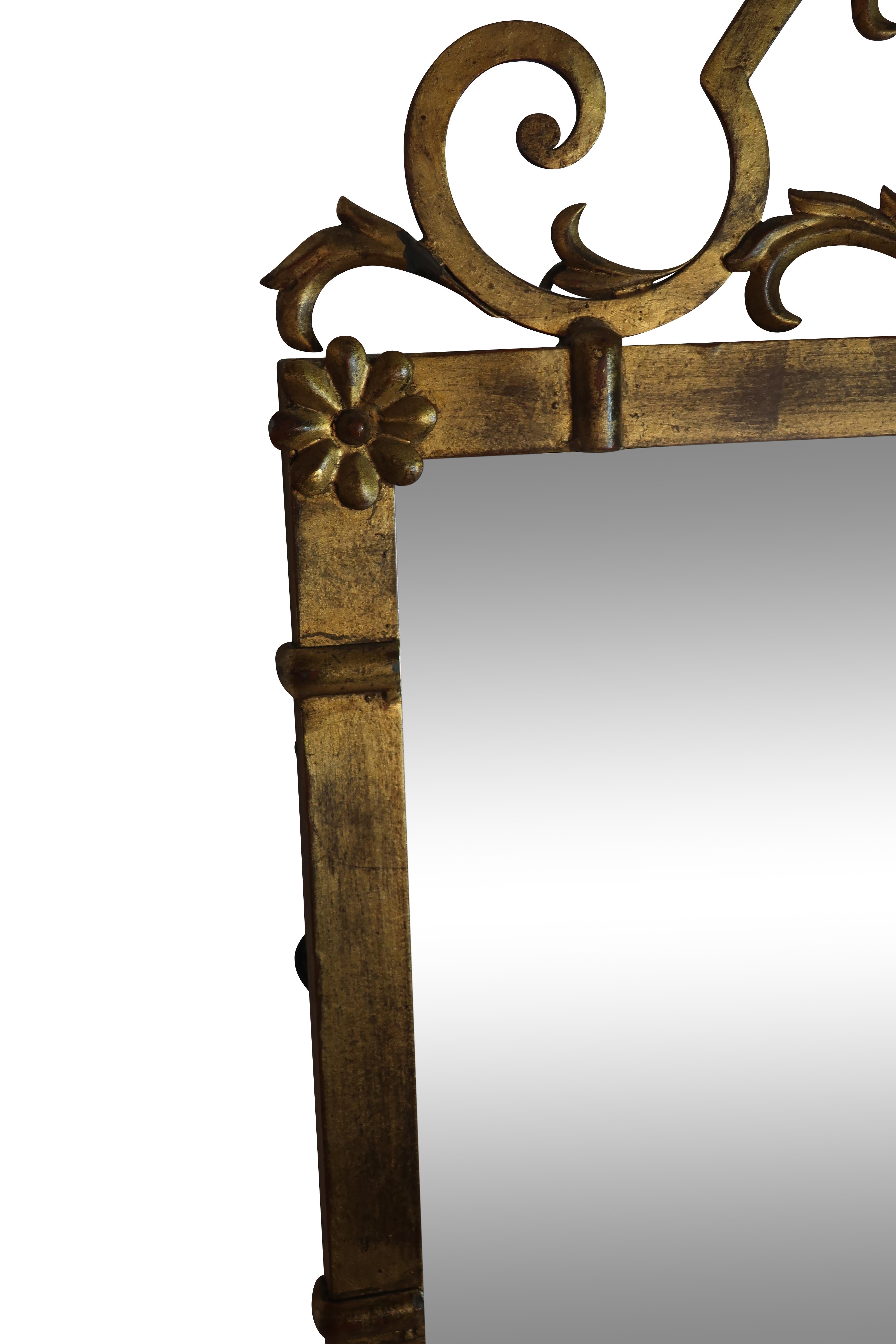 Classical Style Gold Metal Mirror with Rosette Decoration Scrolled Finial Top In Good Condition In Essex, MA
