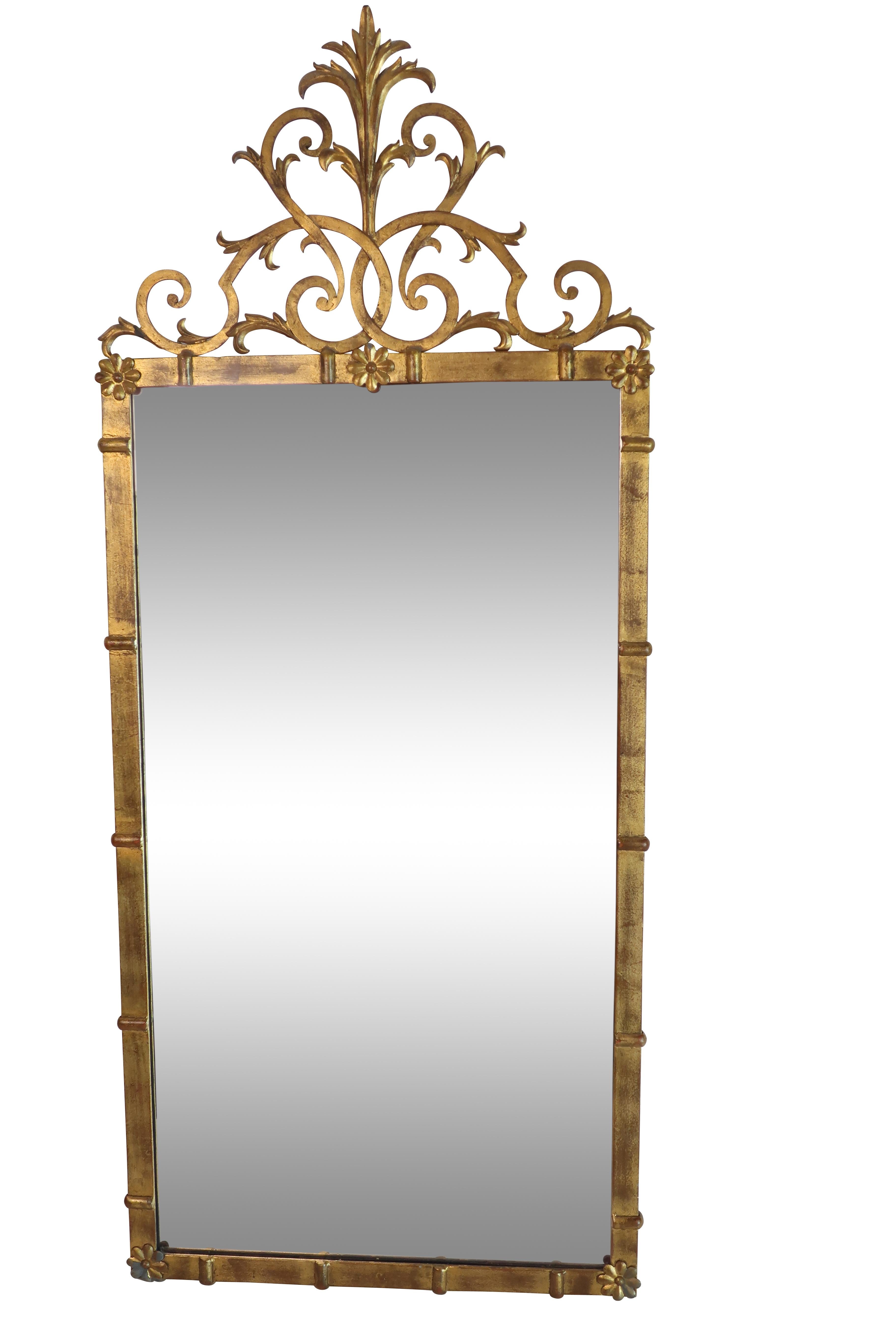 Mid-20th Century Classical Style Gold Metal Mirror with Rosette Decoration Scrolled Finial Top