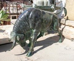 Classical Style Large Bronze Bull Sculpture with Green Patina