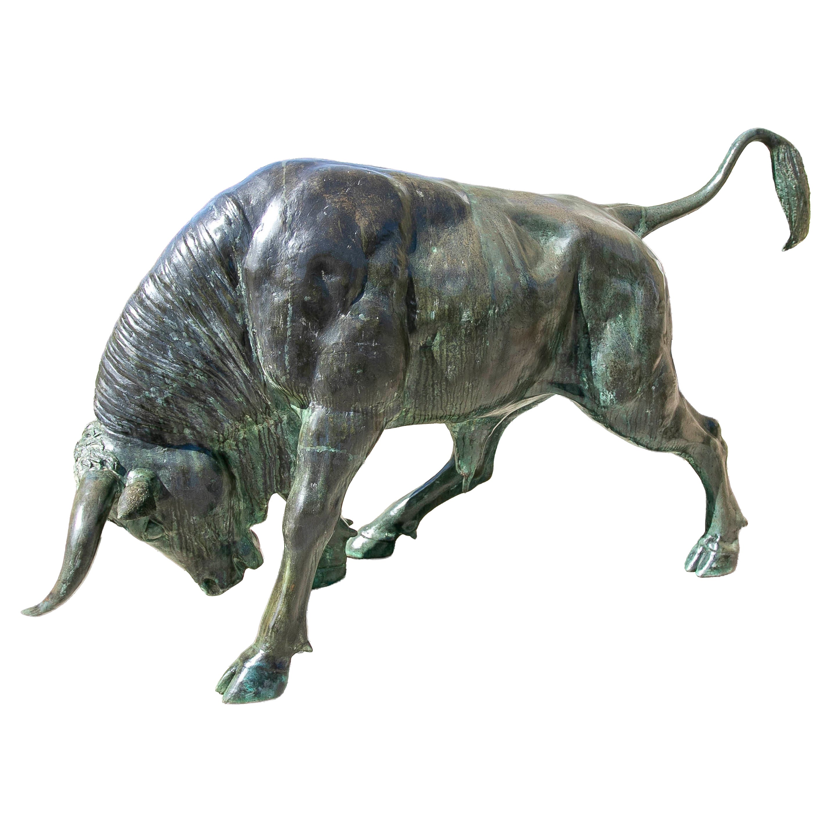 Classical Style Large Bronze Bull Sculpture with Green Patina For Sale