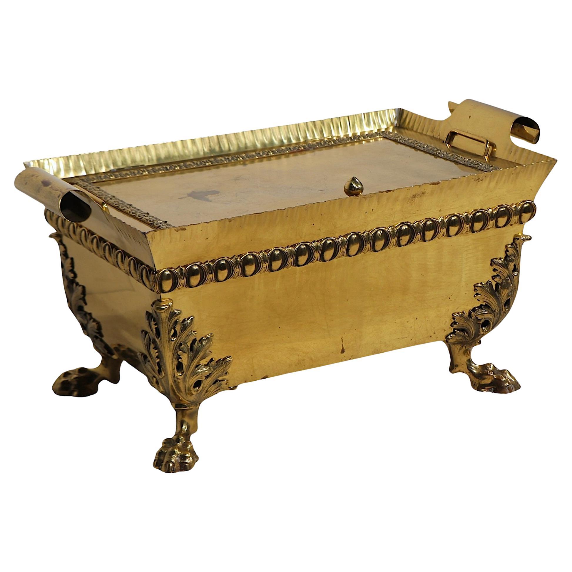 Classical Style Lift Top Brass Coal Bin Kindling Wood Fireplace Box c. 19th C.