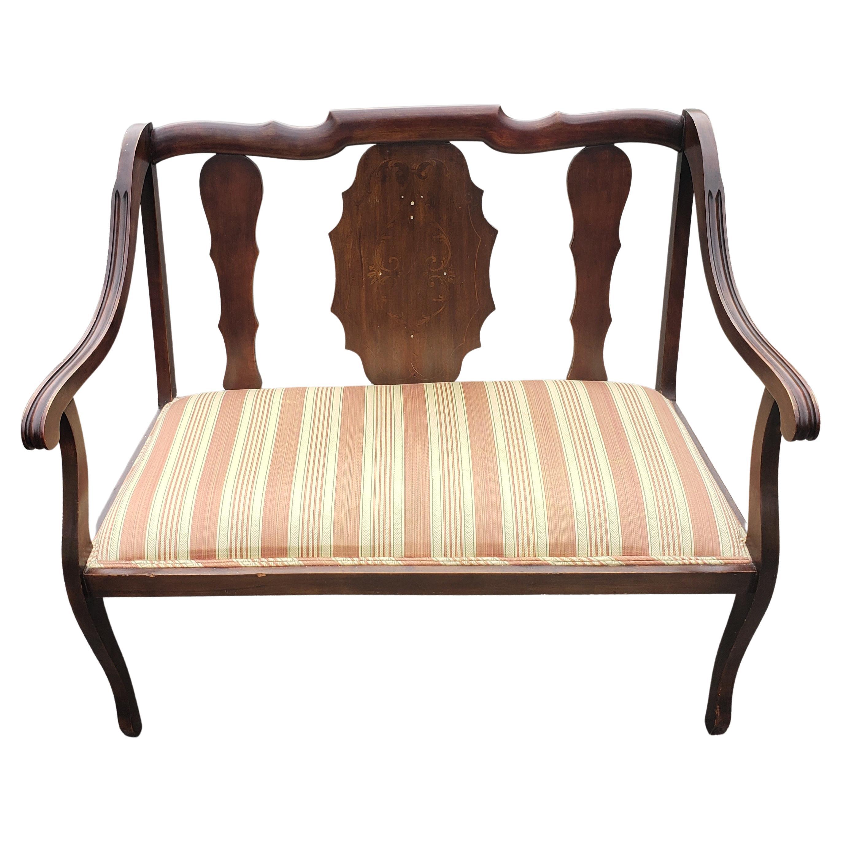 Classical Style Mahogany And Stripe Upholstered Loveseat and bench in good vintage condition.
Measures 41.5