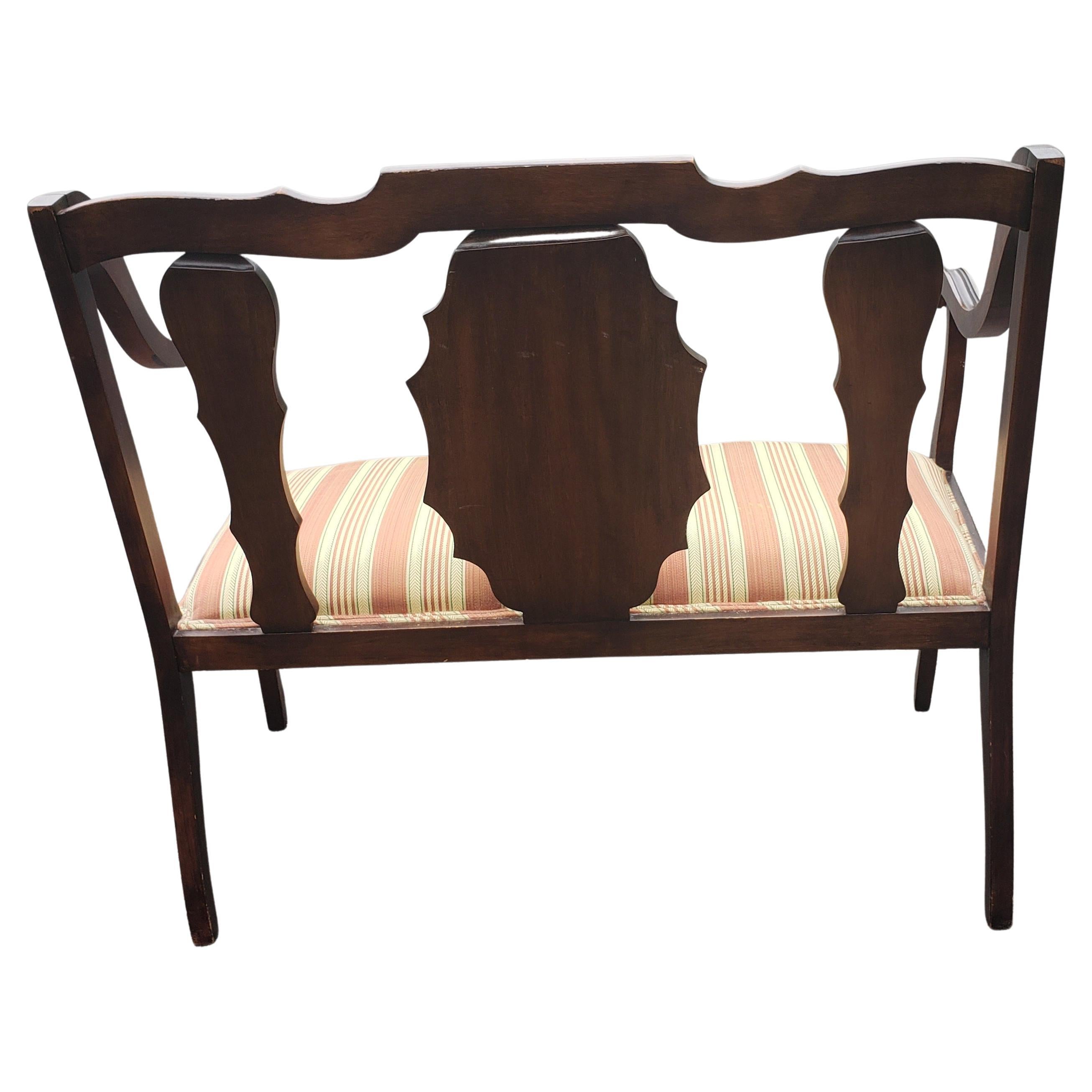American Classical Style Mahogany and Stripe Upholstered Loveseat Bench For Sale