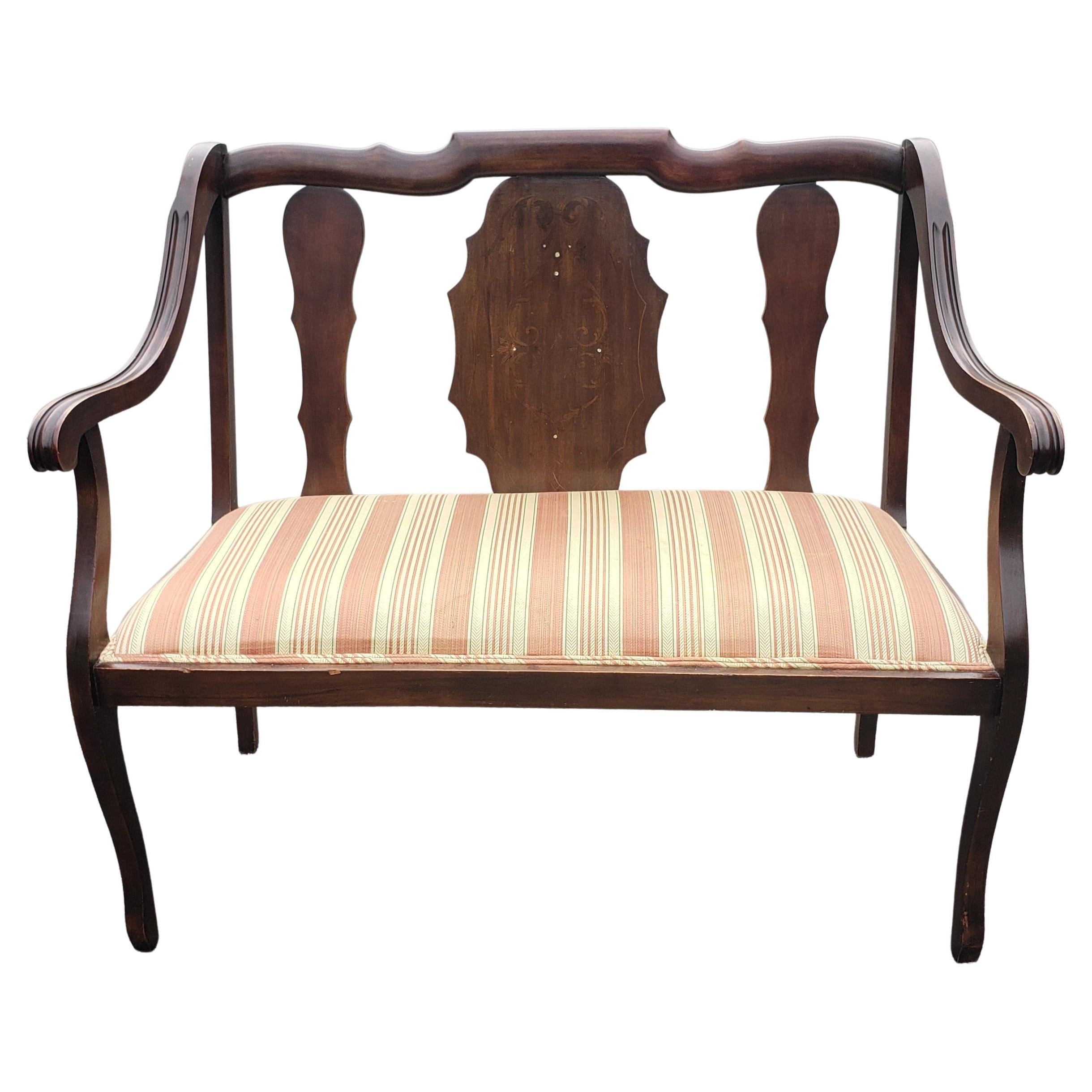 Classical Style Mahogany and Stripe Upholstered Loveseat Bench