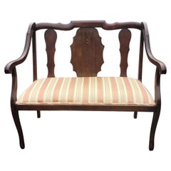Used Classical Style Mahogany and Stripe Upholstered Loveseat Bench