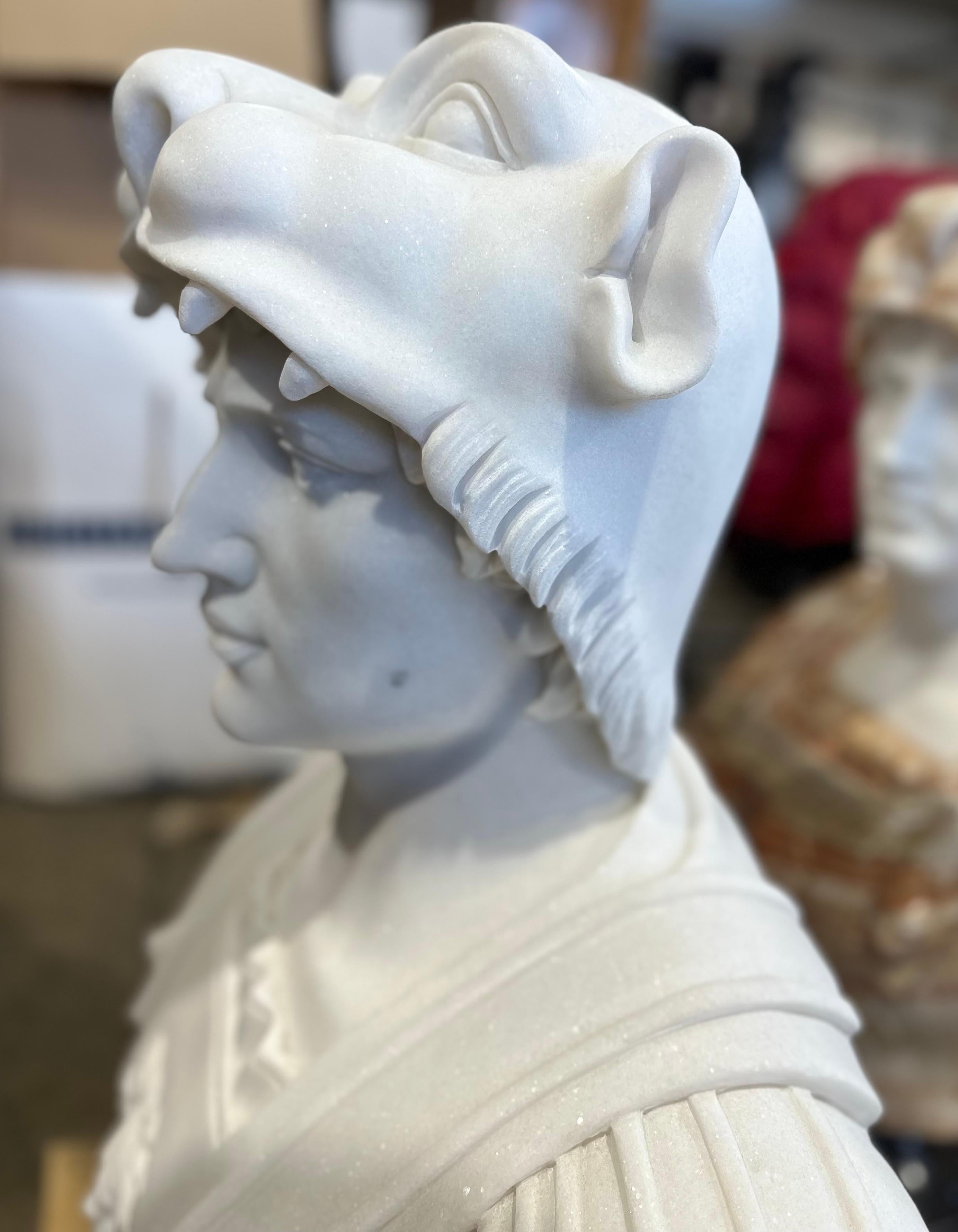 Neoclassical Classical Style Marble Bust With Unusual Helmet In The Style Of A Wildcat For Sale