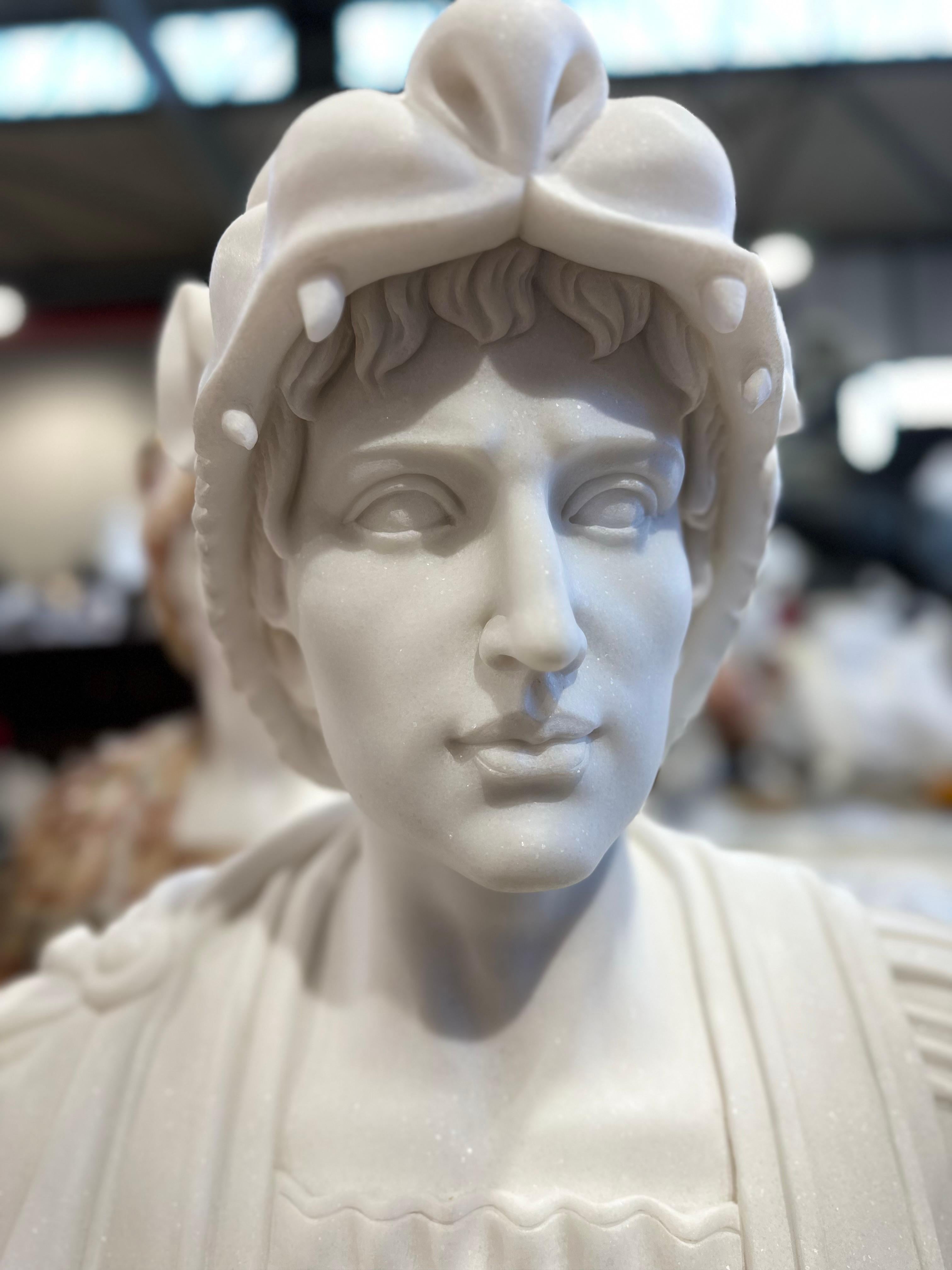 European Classical Style Marble Bust With Unusual Helmet In The Style Of A Wildcat For Sale