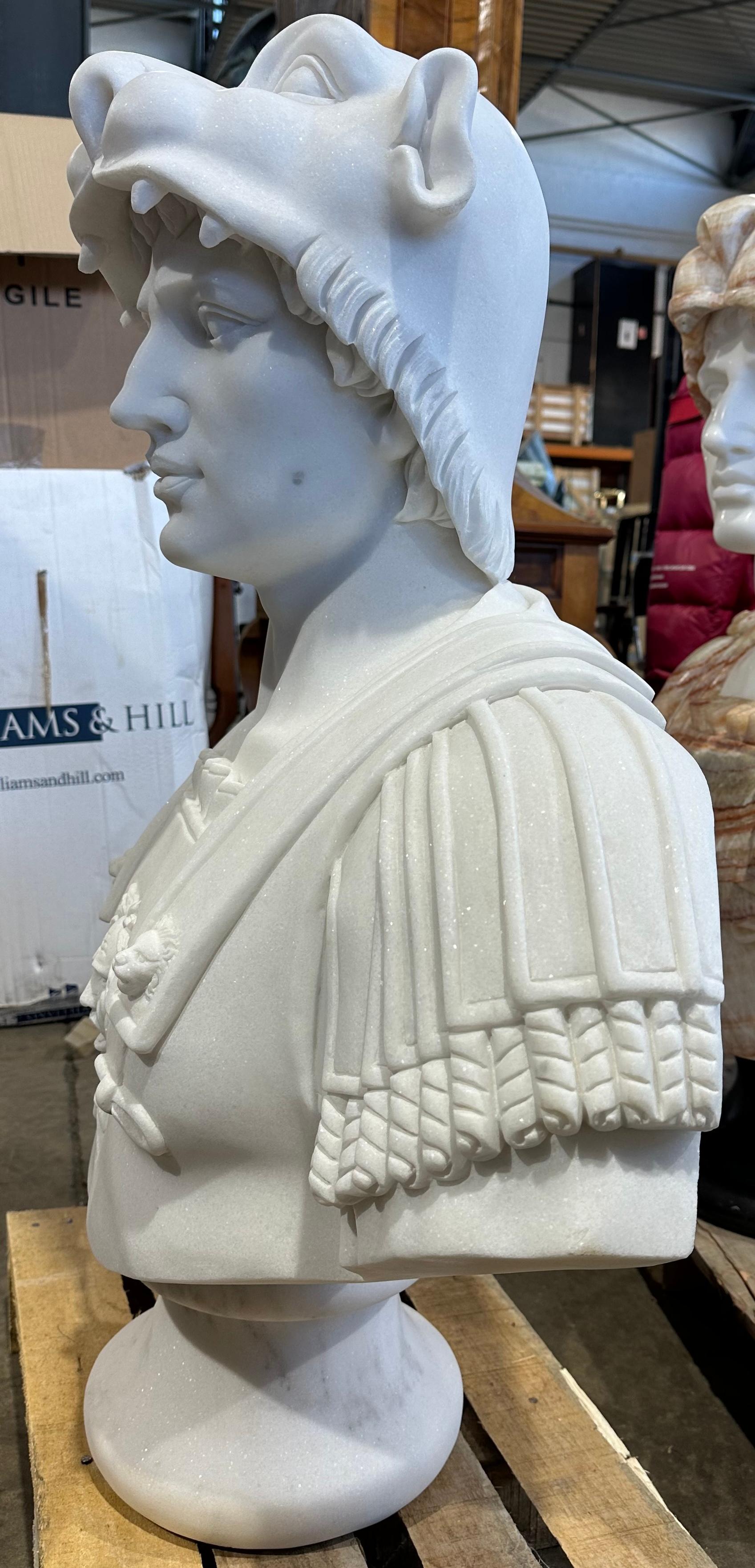Hand-Carved Classical Style Marble Bust With Unusual Helmet In The Style Of A Wildcat For Sale