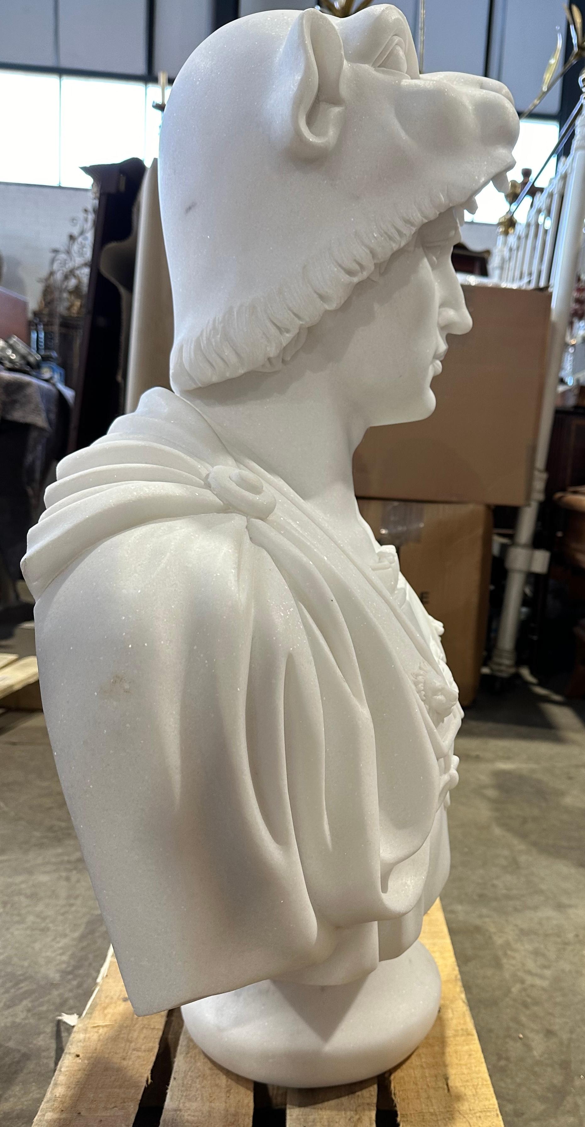 20th Century Classical Style Marble Bust With Unusual Helmet In The Style Of A Wildcat For Sale