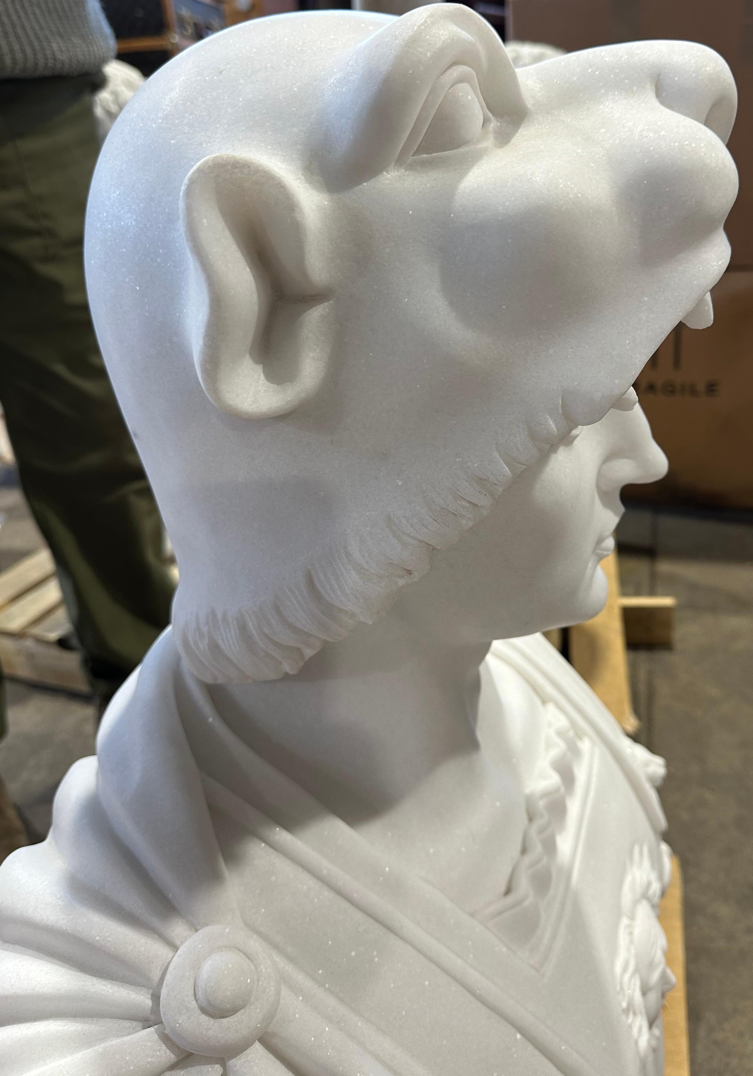 Classical Style Marble Bust With Unusual Helmet In The Style Of A Wildcat For Sale 1