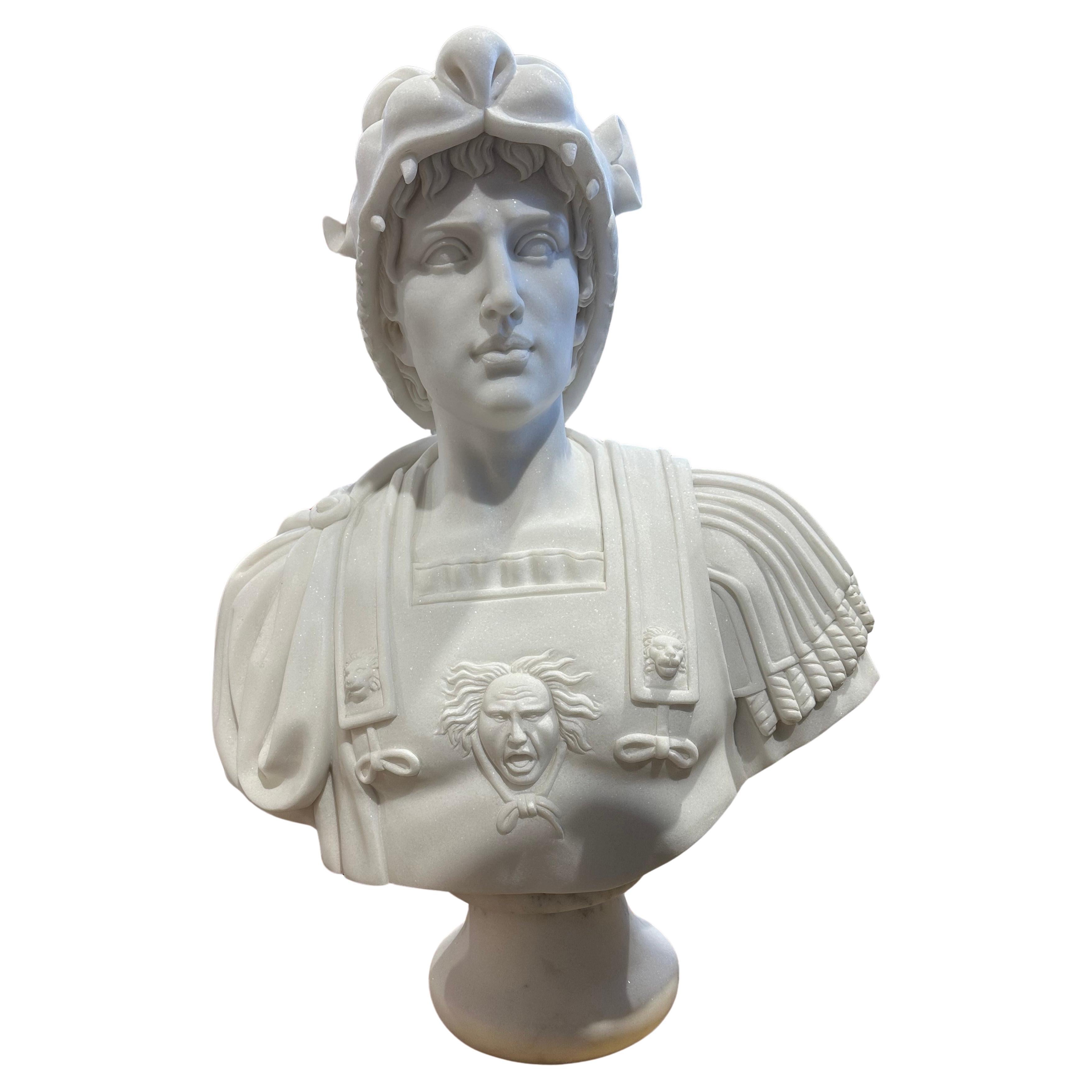 Classical Style Marble Bust With Unusual Helmet In The Style Of A Wildcat For Sale