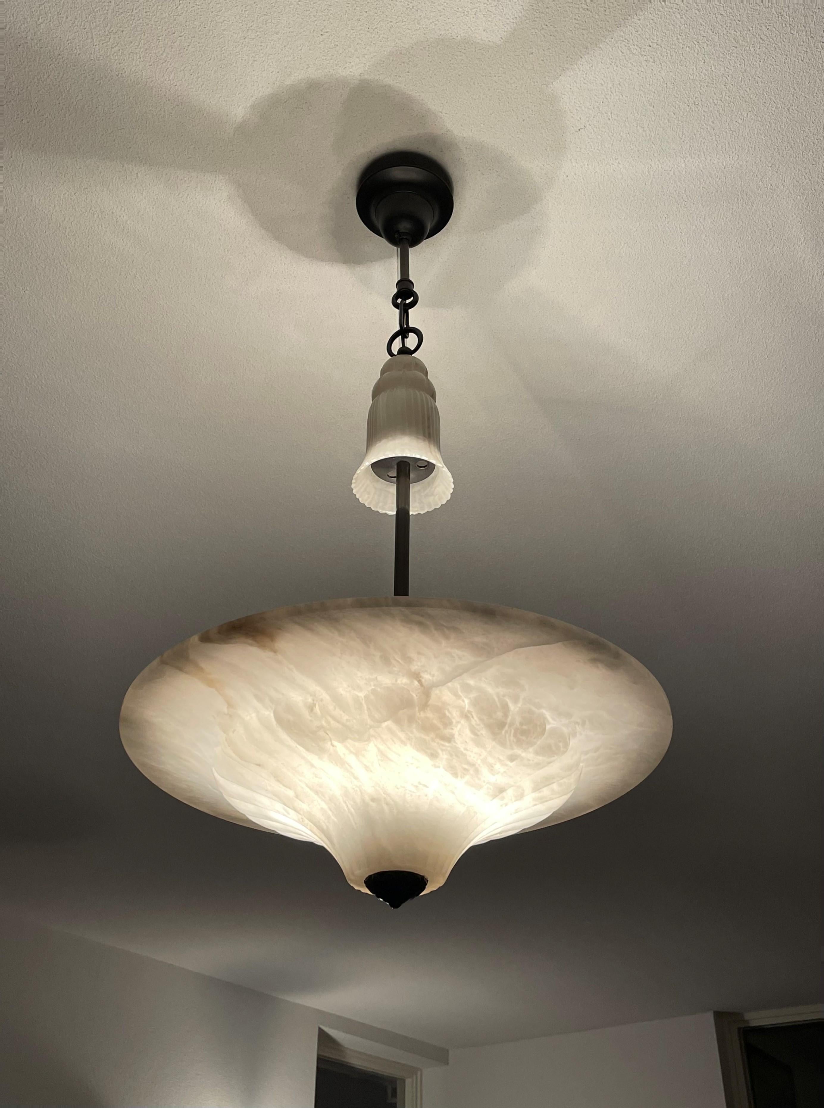 Classical Style Mid-Century Hand Carved, White Alabaster Pendant Light Chandelier 6