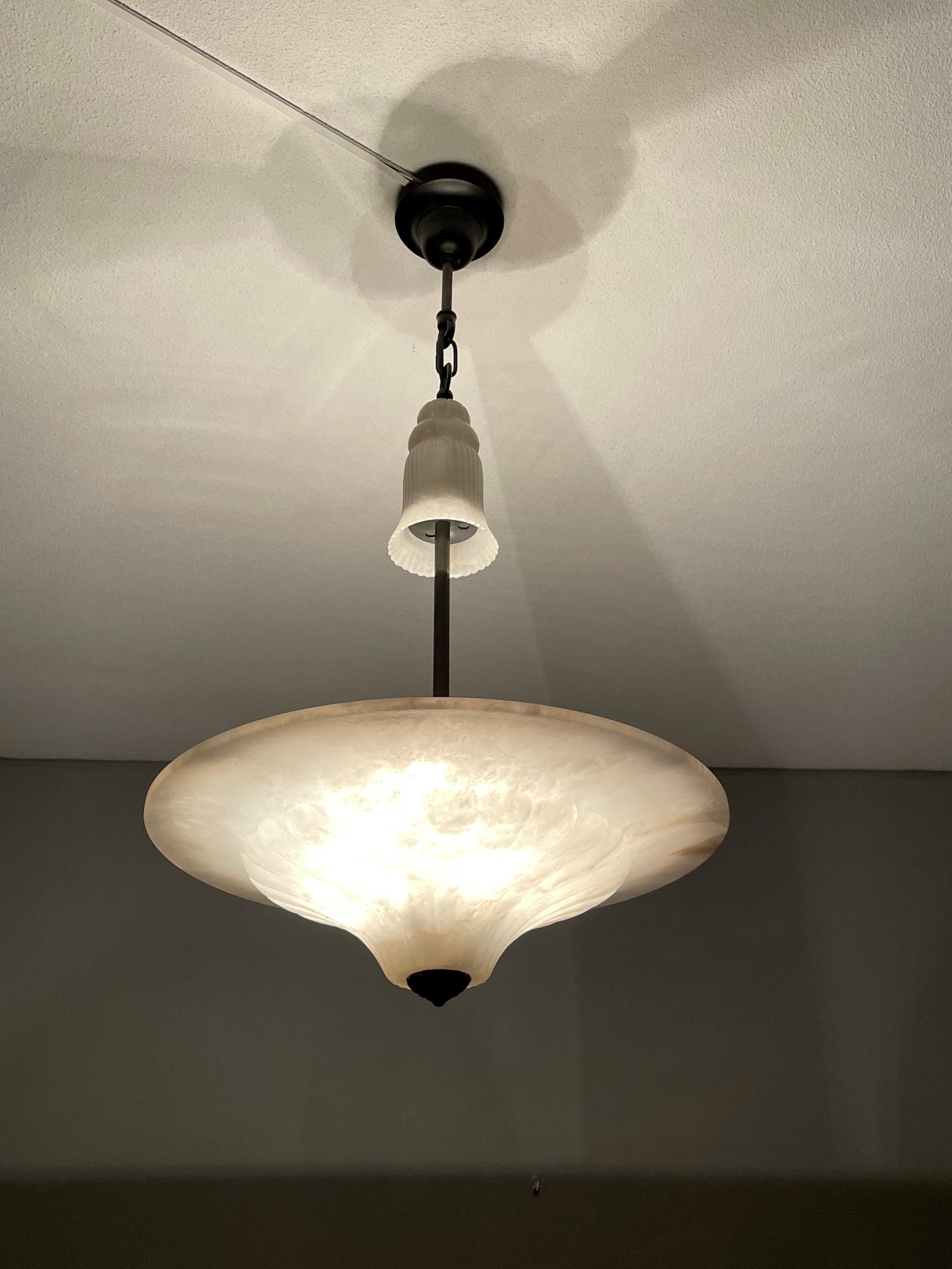 Classical Style Mid-Century Hand Carved, White Alabaster Pendant Light Chandelier 8