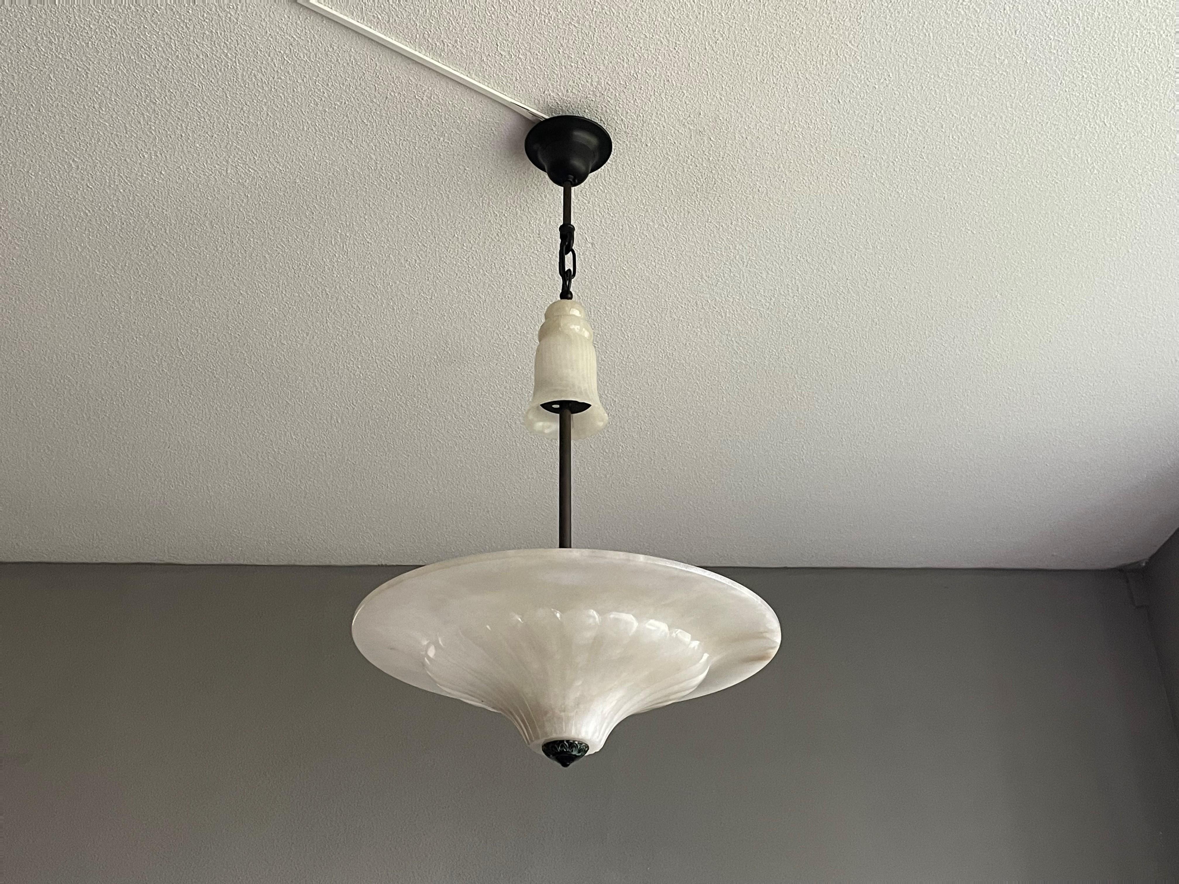 European Classical Style Mid-Century Hand Carved, White Alabaster Pendant Light Chandelier