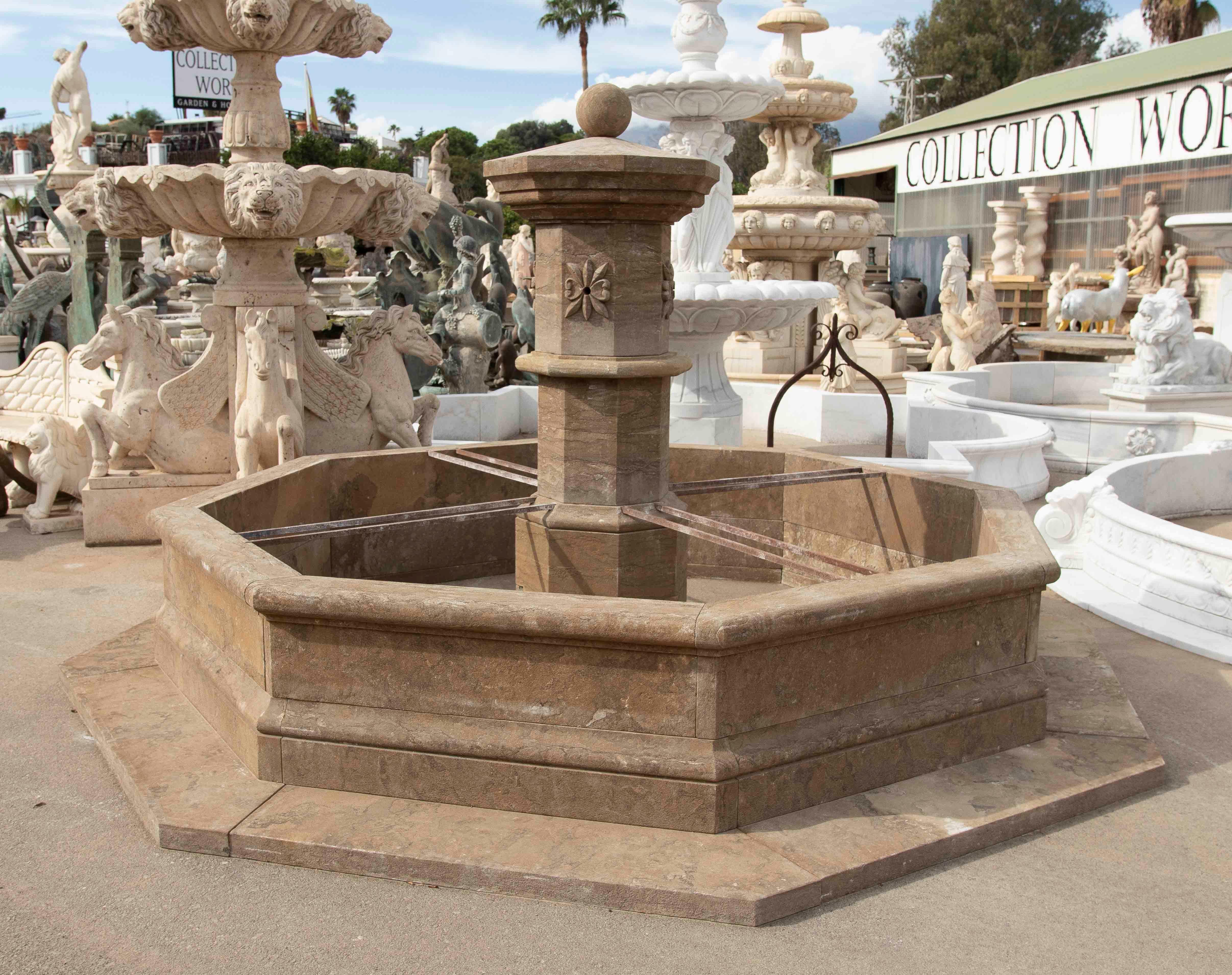 Rococo Classical Style Monumental Octagonal Fountain in Carved Stone with Pool For Sale