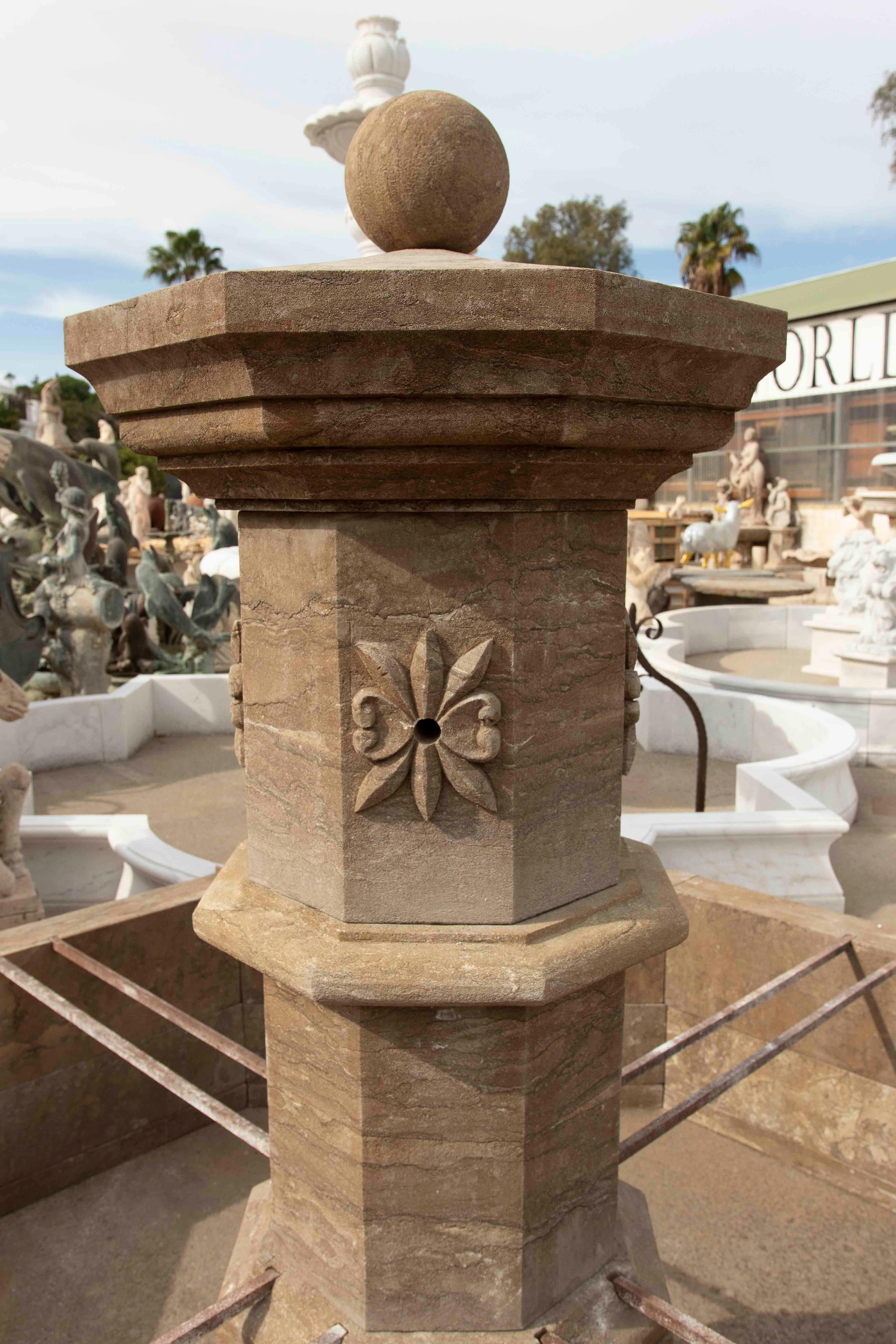 French Classical Style Monumental Octagonal Fountain in Carved Stone with Pool For Sale
