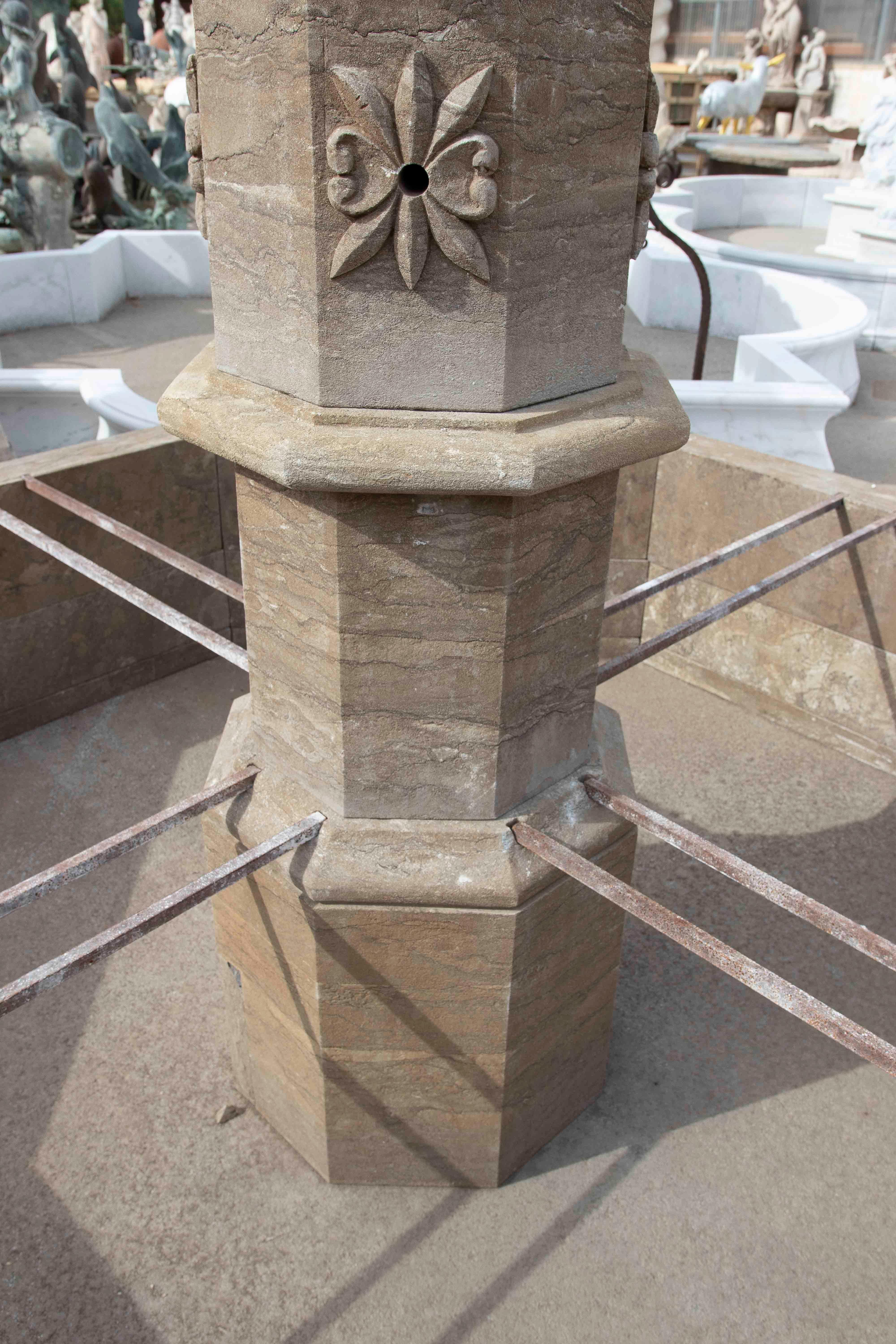 Hand-Carved Classical Style Monumental Octagonal Fountain in Carved Stone with Pool For Sale