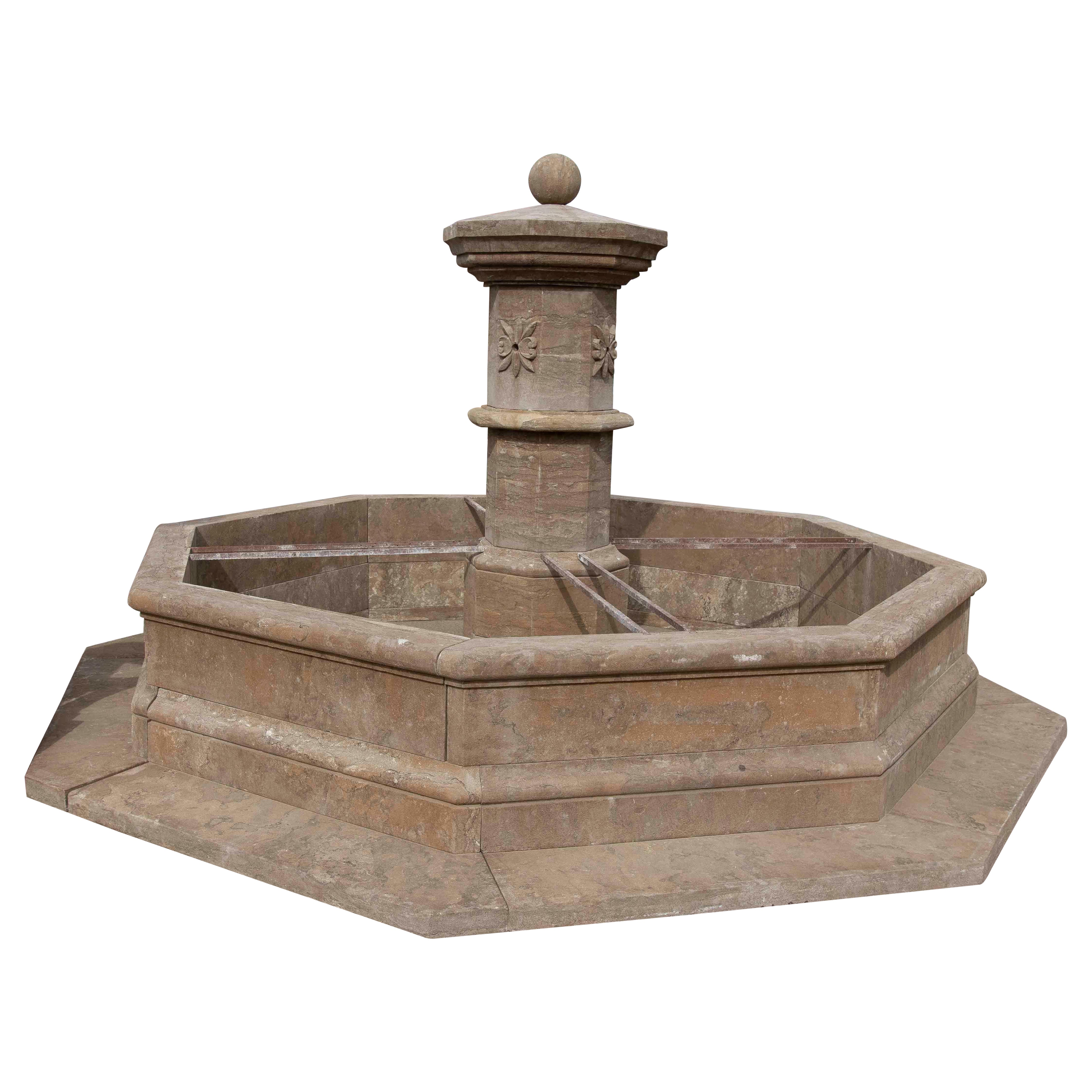 Classical Style Monumental Octagonal Fountain in Carved Stone with Pool