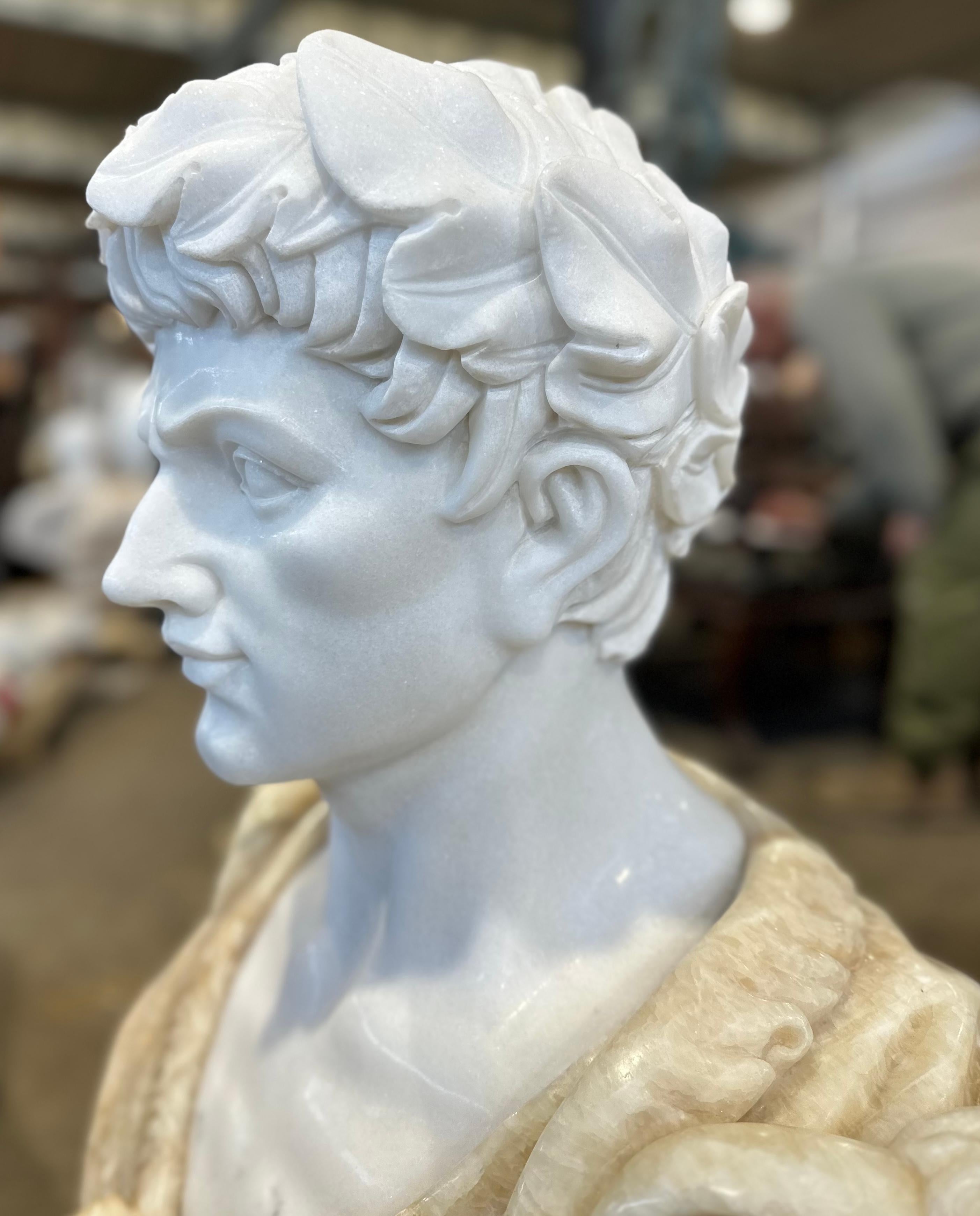 Hand-Carved Classical Style Two Coloured Marble Bust In Beige And White  For Sale