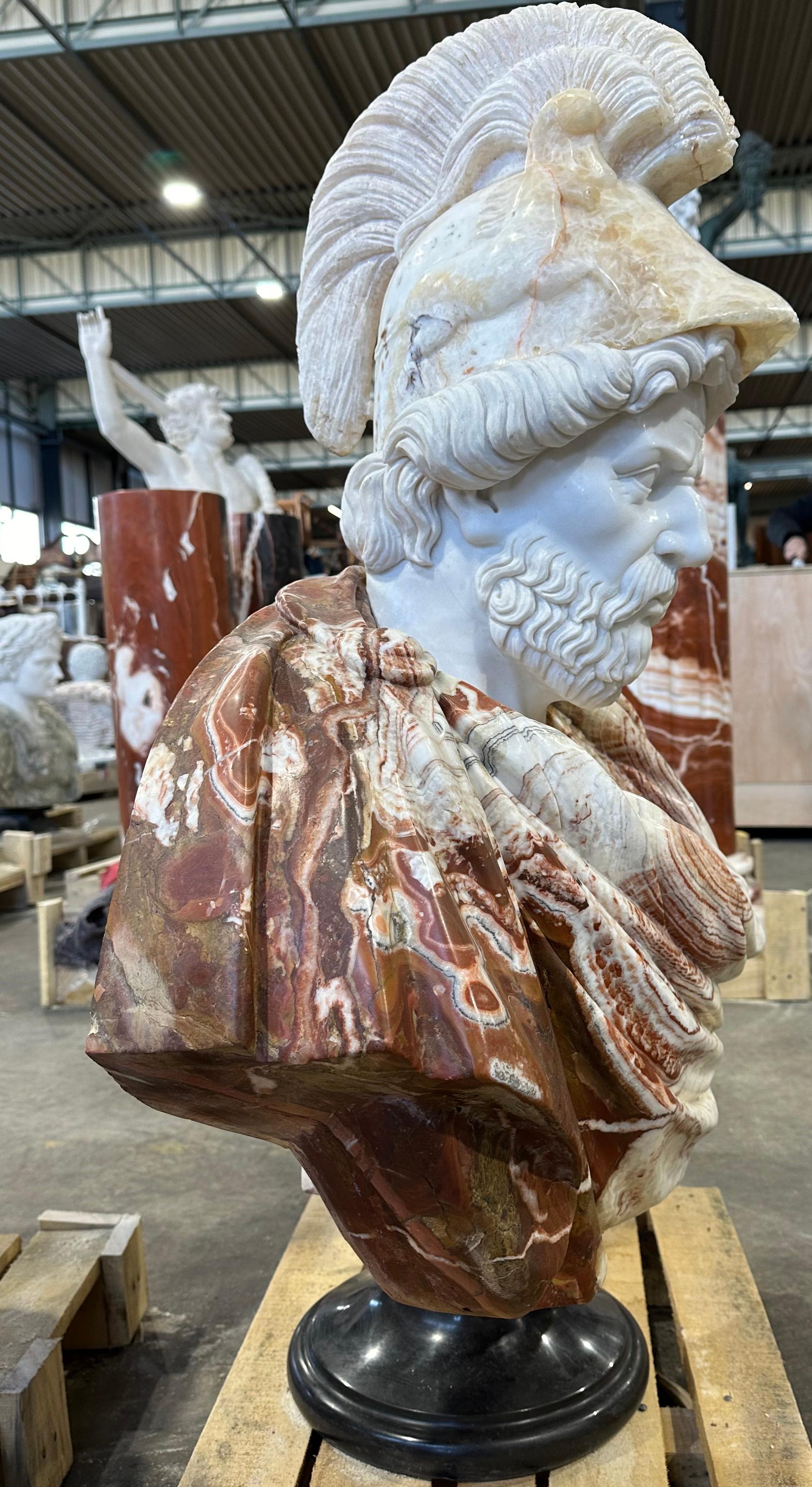Hand-Carved Classical Style Two Coloured Marble Male Bust On Stand For Sale