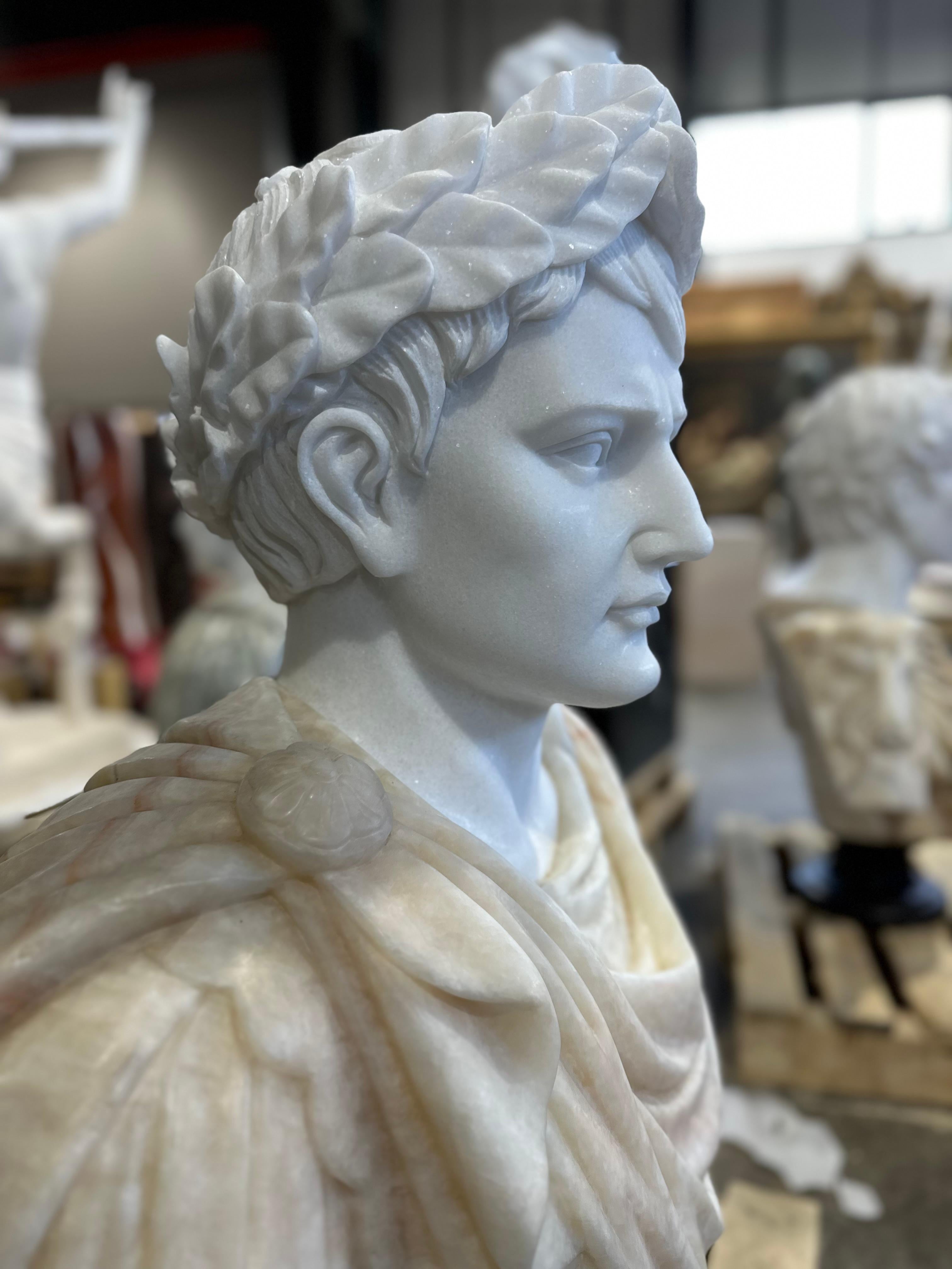 Hand-Carved Classical Style Two Tone White And Beige Marble Bust For Sale