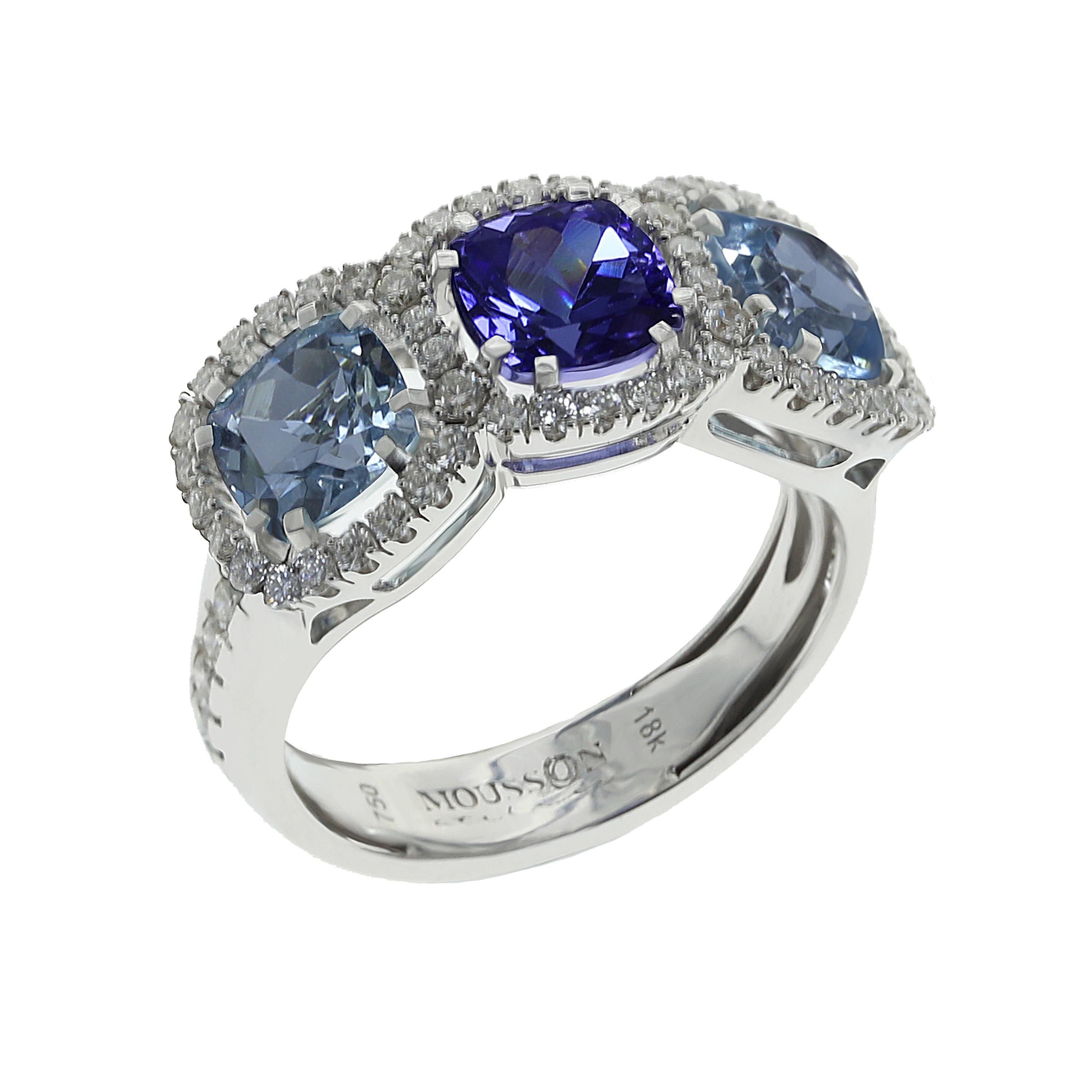 Classical Tanzanite Aquamarine and Diamond 18 Karat White Gold Three-Stone Ring For Sale