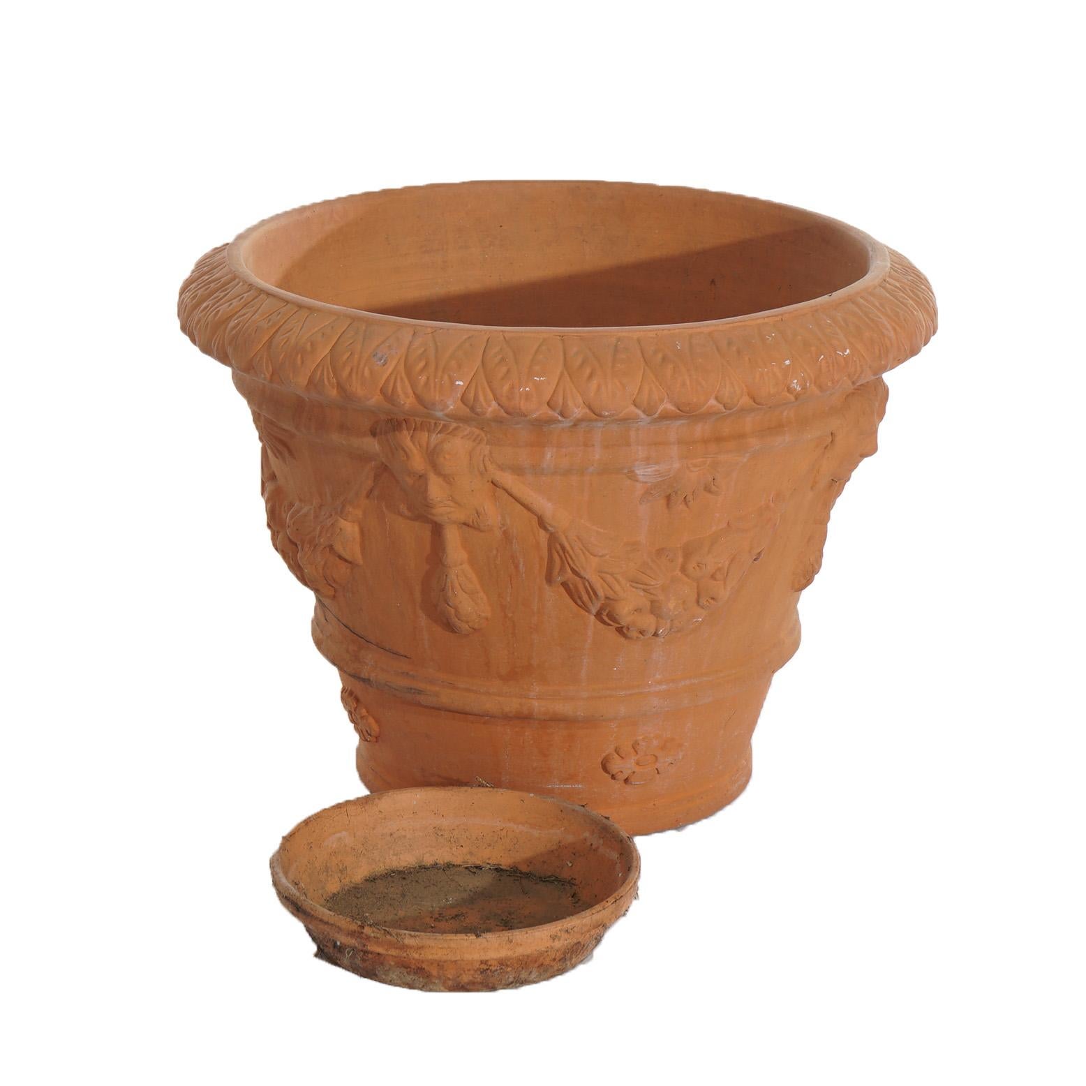 Cast Classical Terracotta Pottery Jardiniere with Figural Masks & Fruit Swag 20th C For Sale