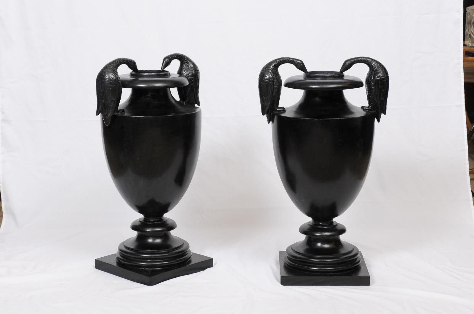 This urn has a classical shape and creates the perfect silhouette with the cormorant handles. Crushed black wax stone makes a strong visual image.