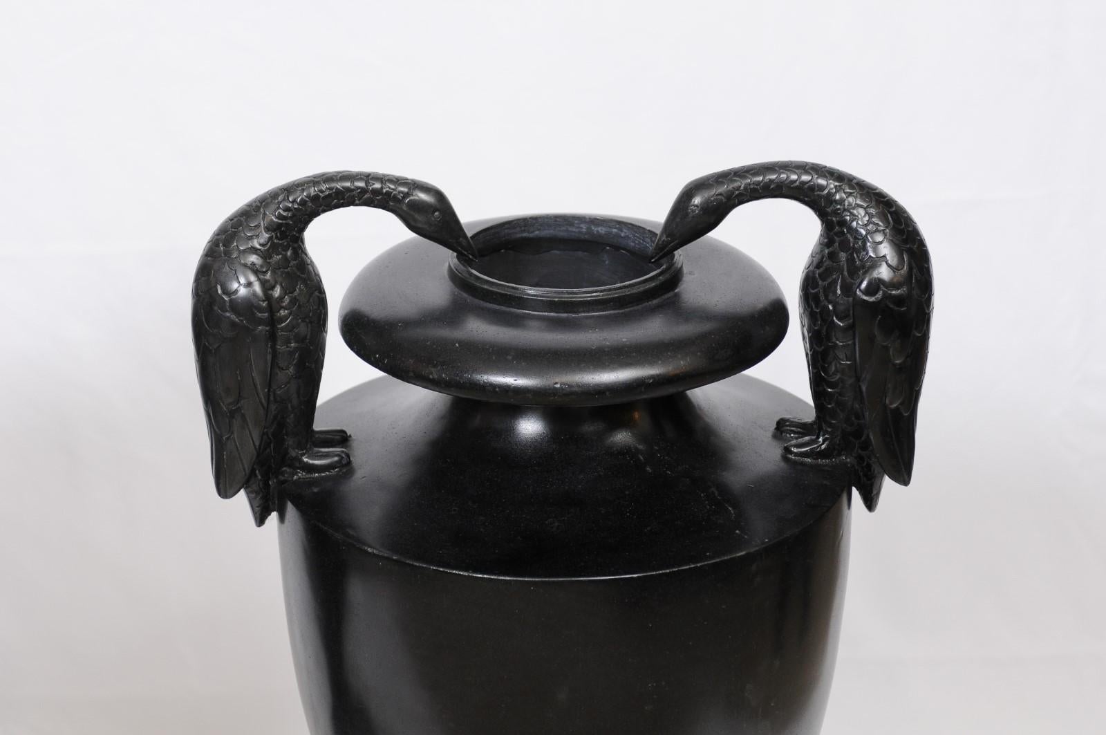 Classical Urn with Cormorant Handles Cast in Black Wax Stone In Good Condition In Atlanta, GA