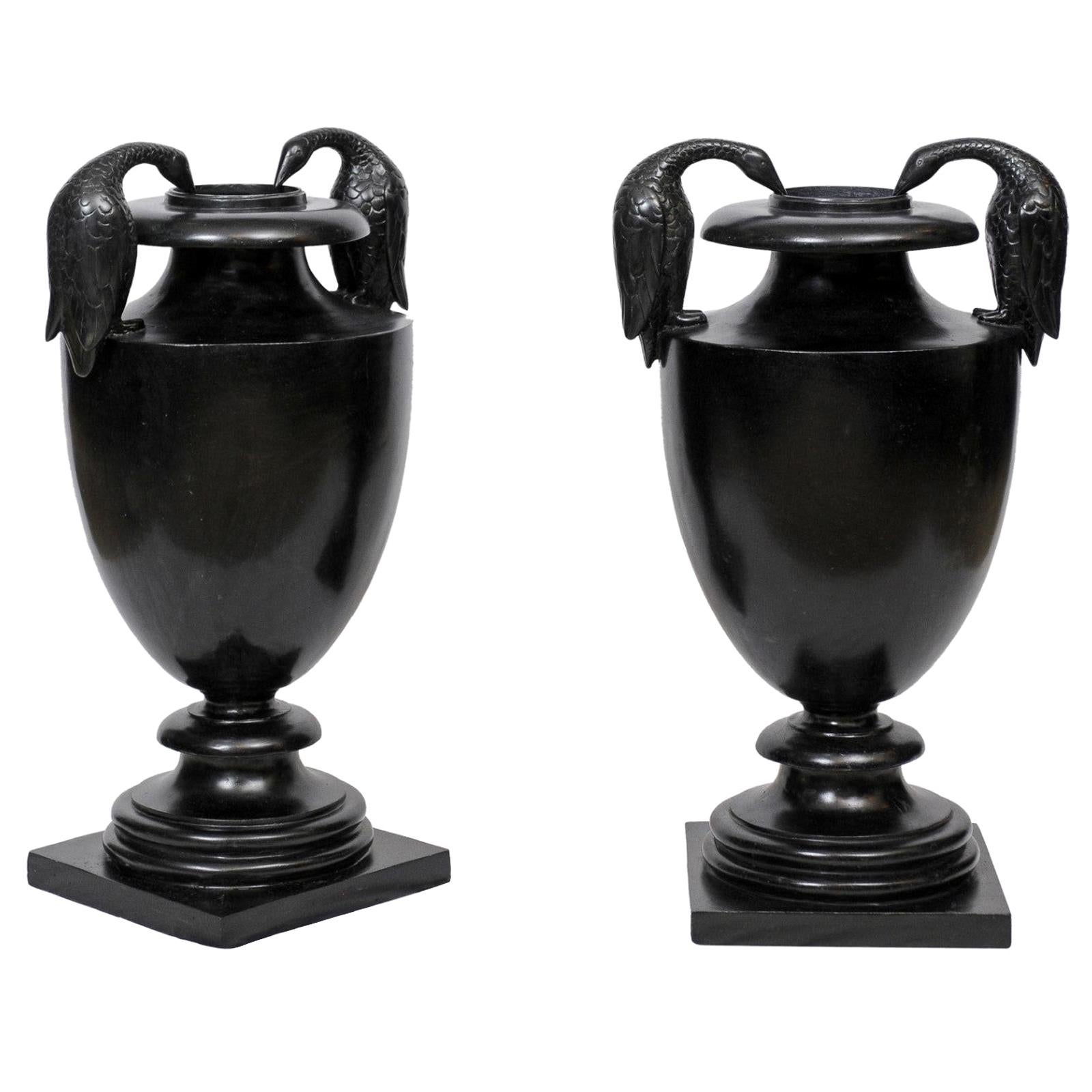 Classical Urn with Cormorant Handles Cast in Black Wax Stone