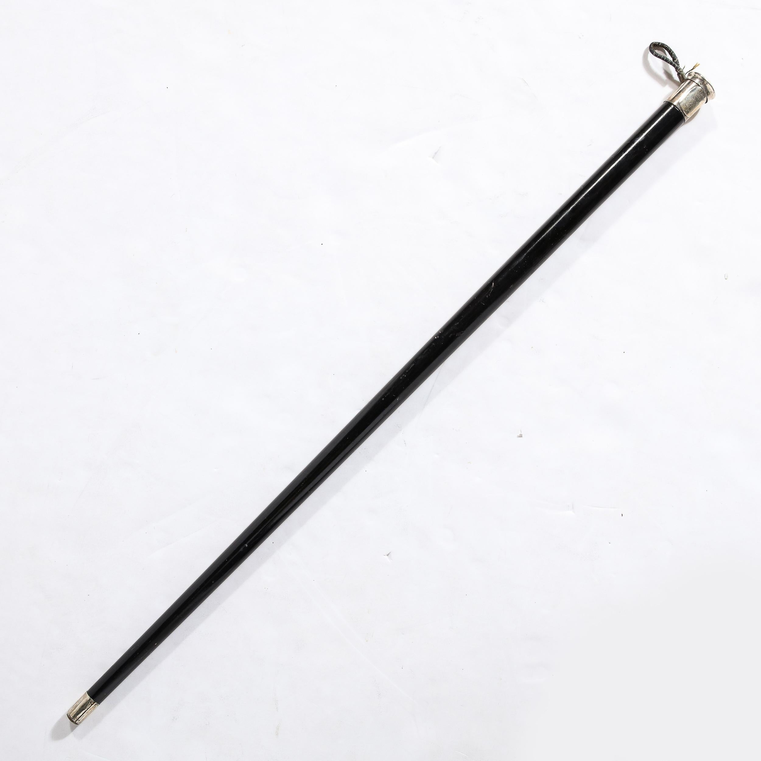 French Classical Walking Stick in Ebonized Walnut & Sterling Pommel w/ Heraldic Crest For Sale