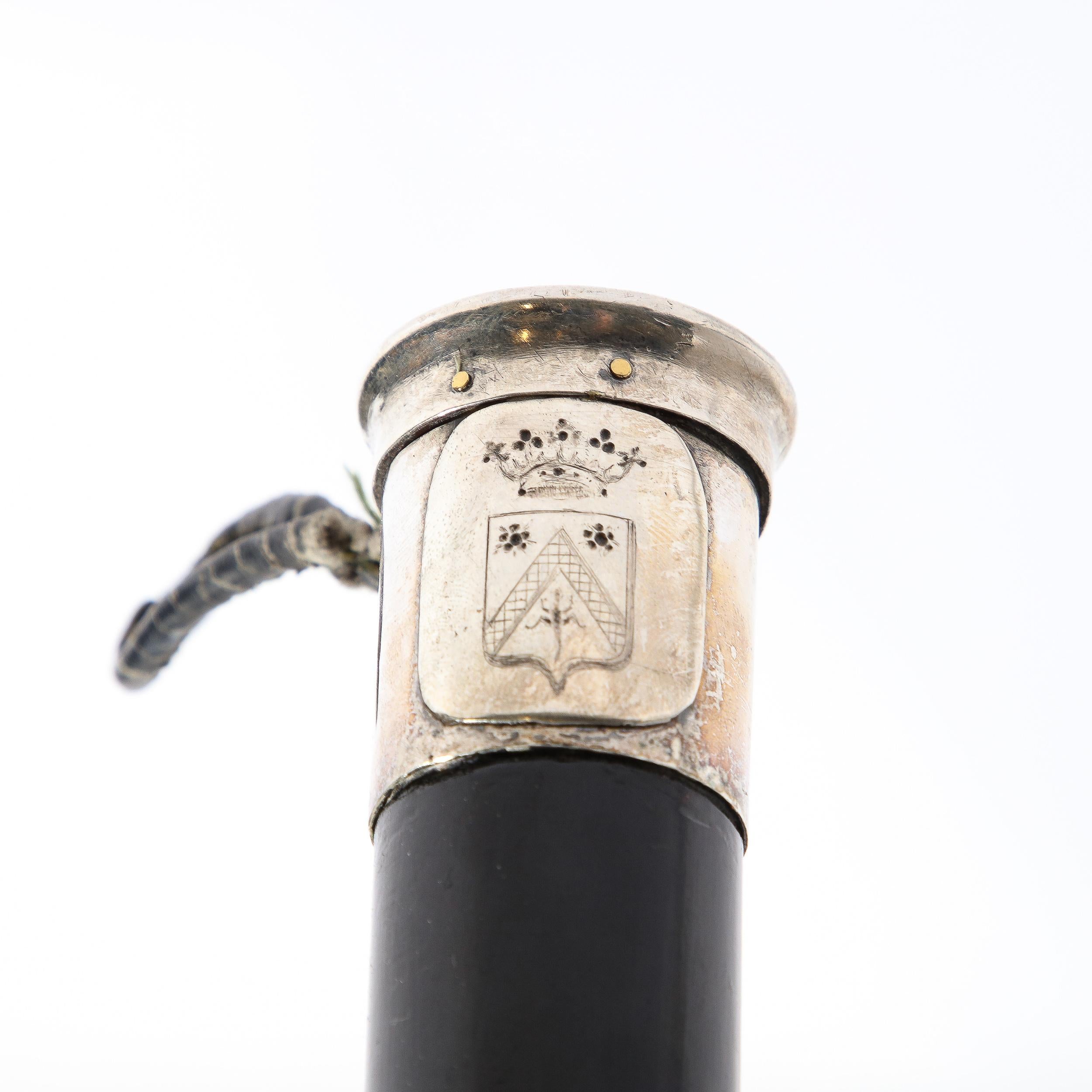 19th Century Classical Walking Stick in Ebonized Walnut & Sterling Pommel w/ Heraldic Crest For Sale