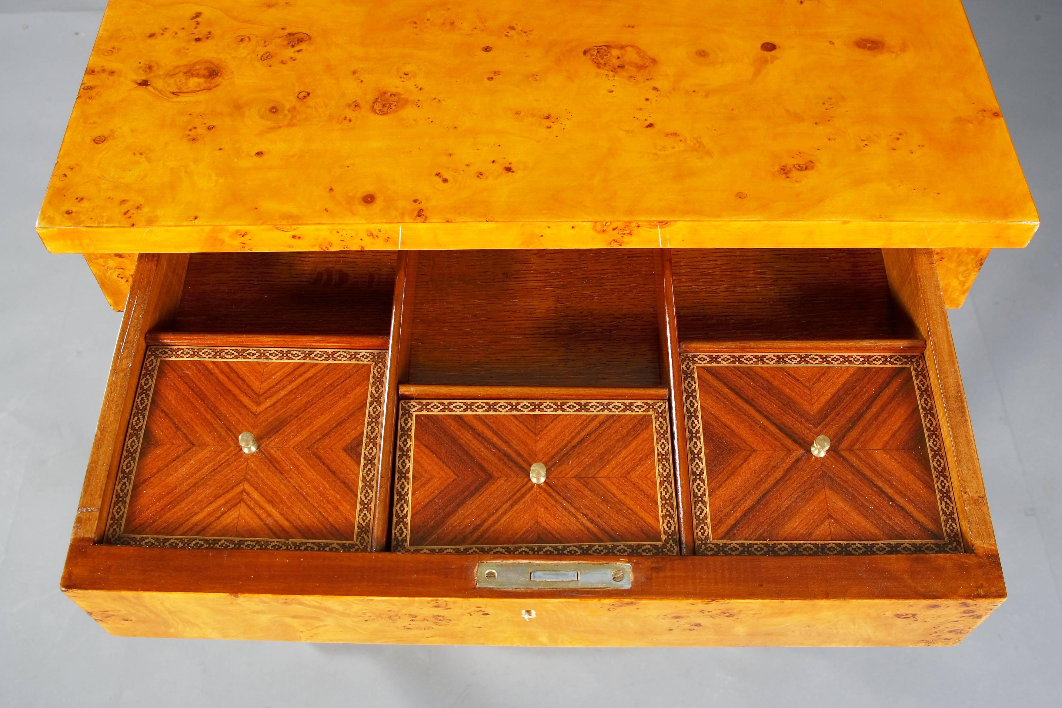 German Classical Work Table in antique Vienna Biedermeier Style Birdseye maple veneer