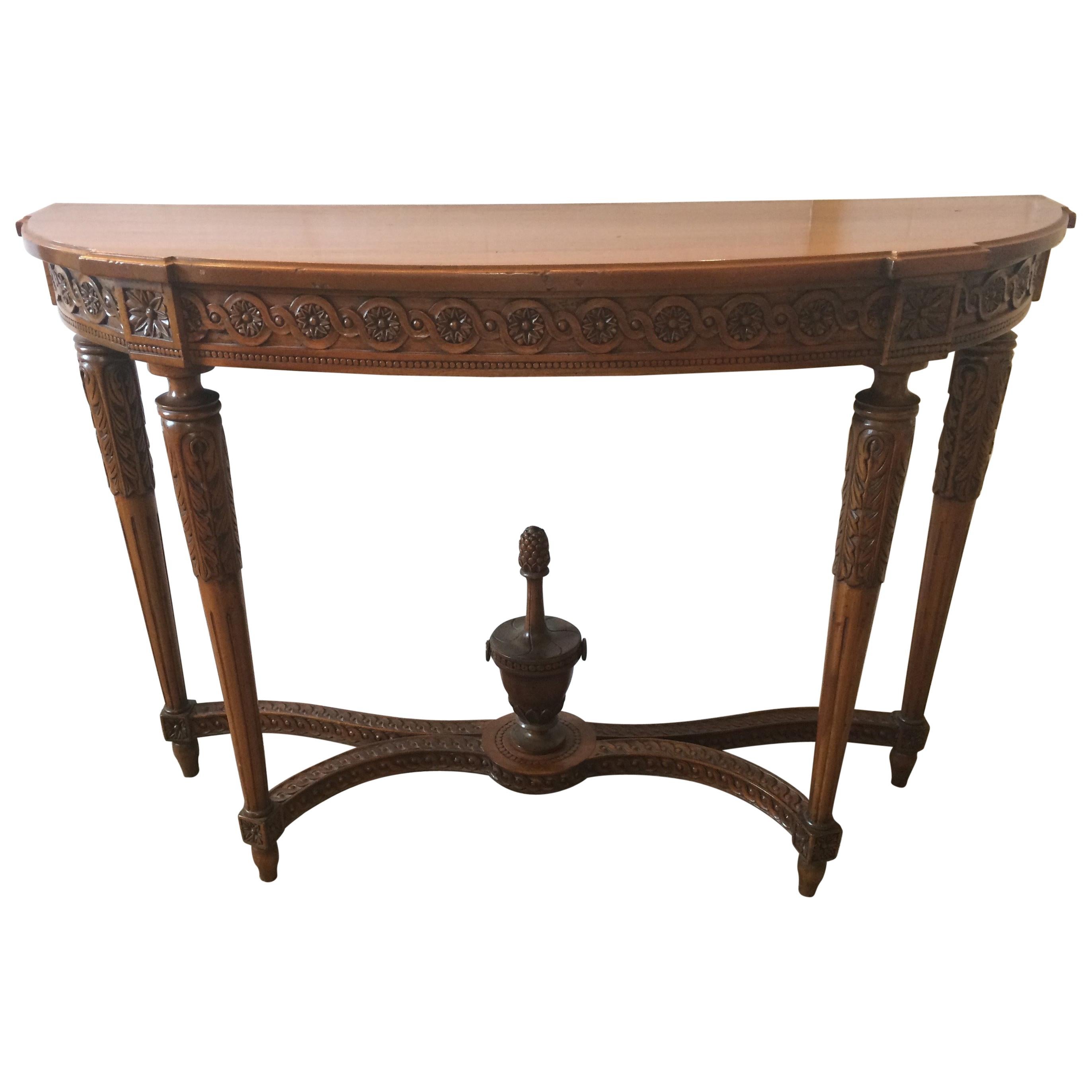 Classically Elegant 19th Century French Carved Walnut Demilune Console Table