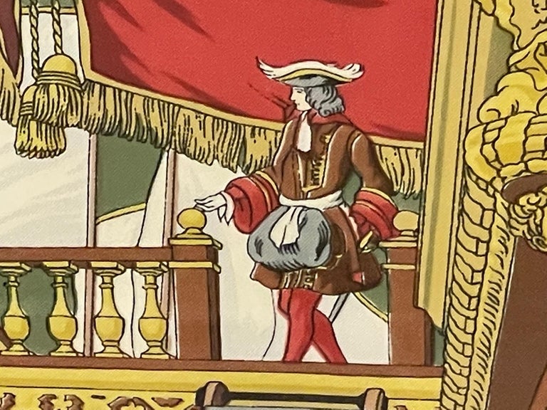 A beautifully frame original silk Hermes scarf in olive green, red and gold having a nautical motife of a boat
with two Elizabethan looking gentleman.