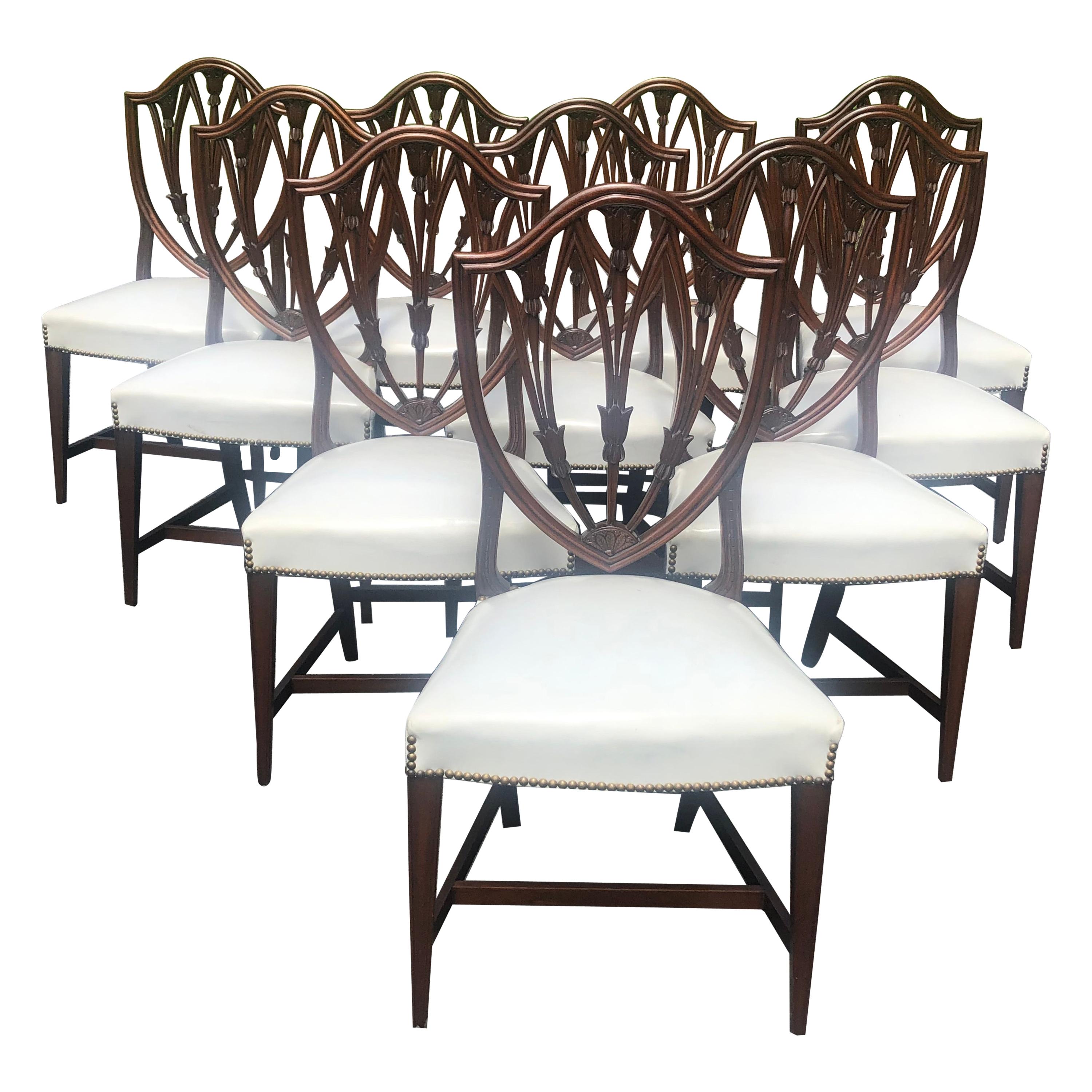 Classically Elegant Set of 10 Hand Crafted Mahogany Shield Back Dining Chairs For Sale