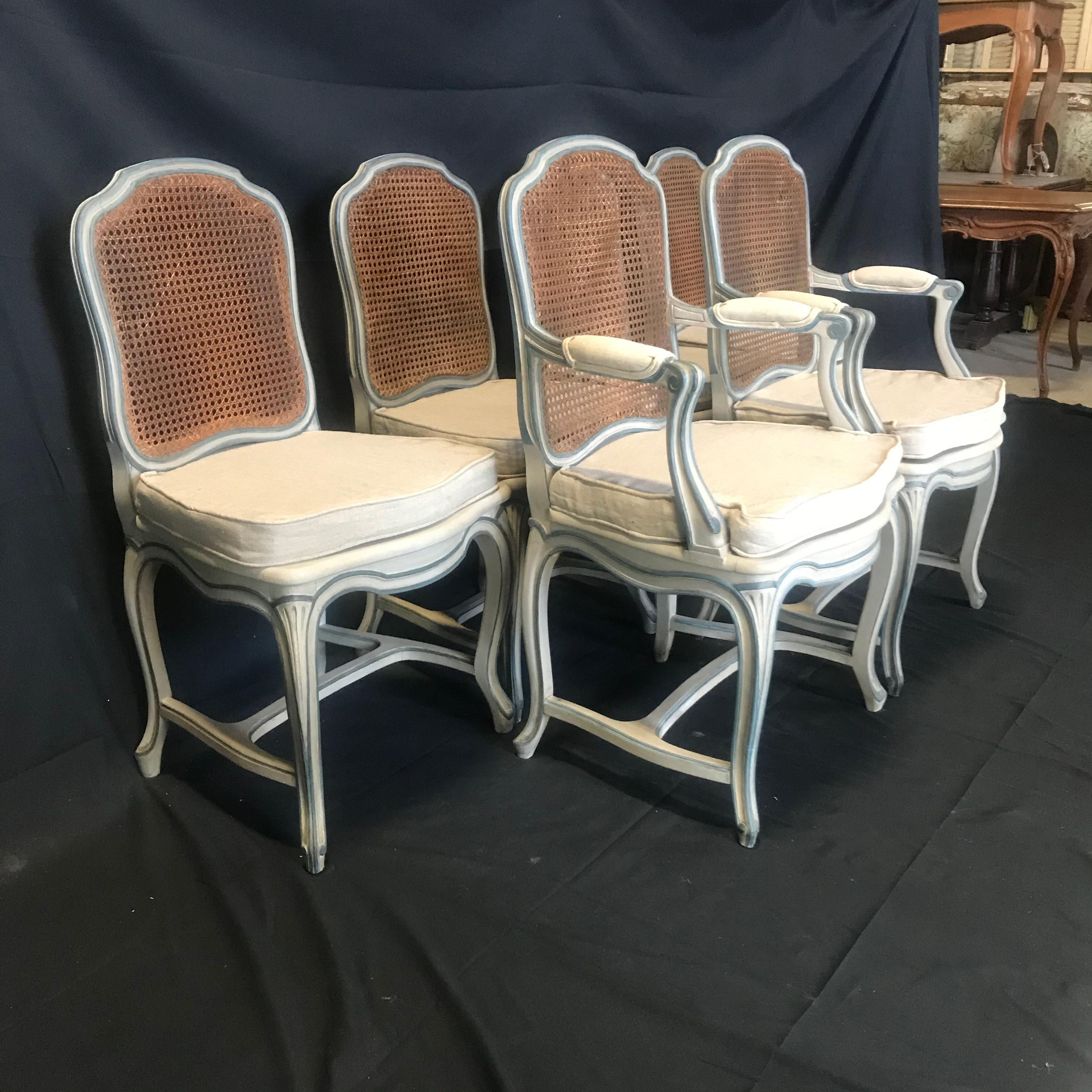 Painted  Classically Elegant Set of 6 Louis XV French Blue Gray Dining Chairs