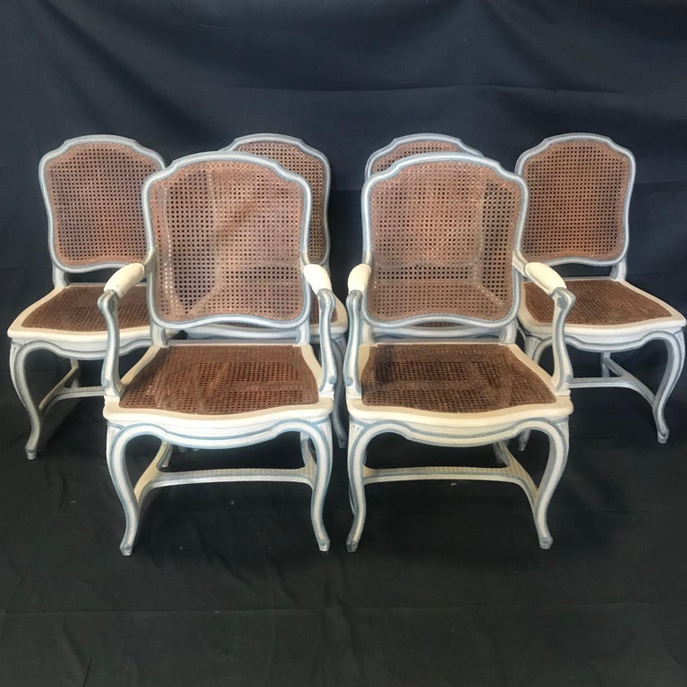  Classically Elegant Set of 6 Louis XV French Blue Gray Dining Chairs In Good Condition For Sale In Hopewell, NJ