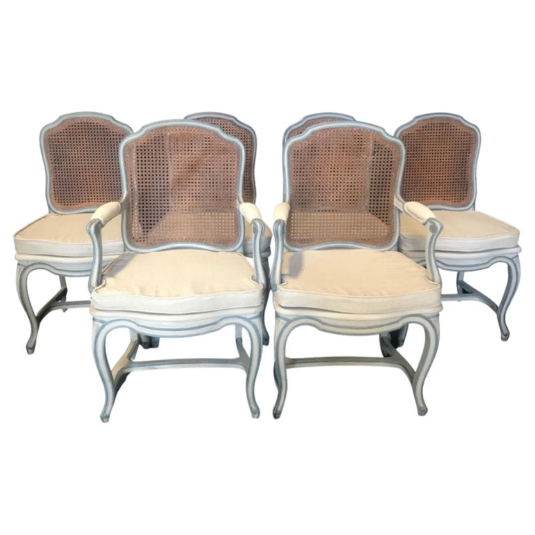  Classically Elegant Set of 6 Louis XV French Blue Gray Dining Chairs For Sale